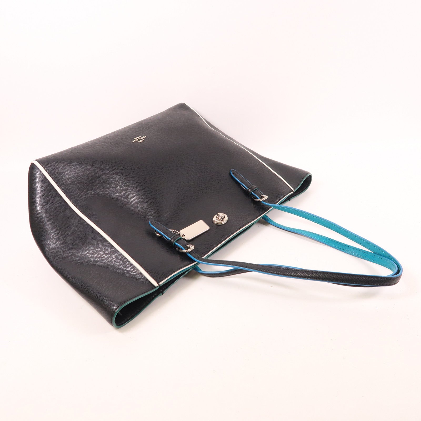 COACH SHW Turnlock Tote Shoulder Tote Bag Leather Black Blue