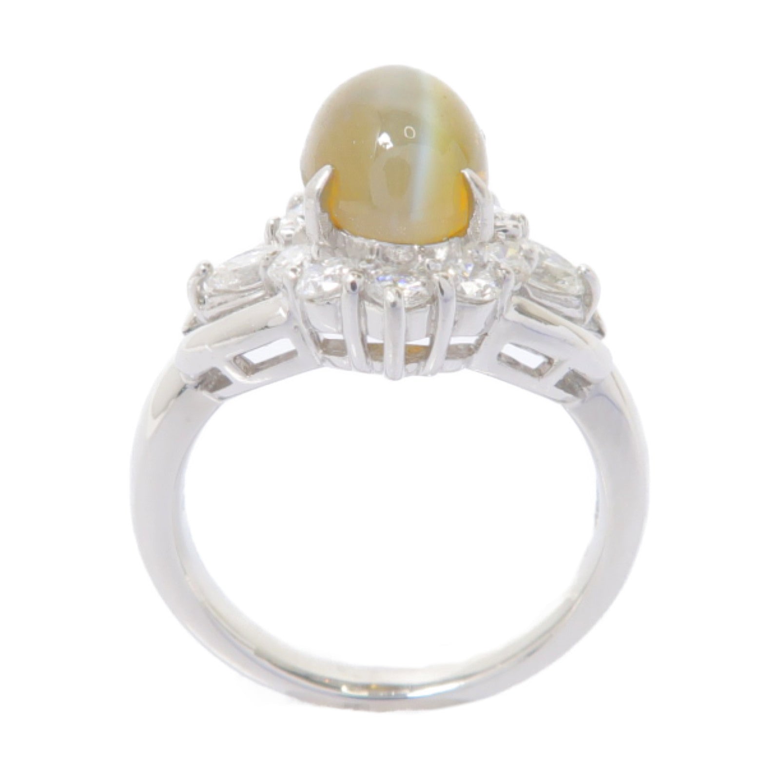 JEWELRY PT900鉑金Cat's Eye Diamond Ring 3.20ct貓眼石/0.96ct鑚石戒指US#5.25