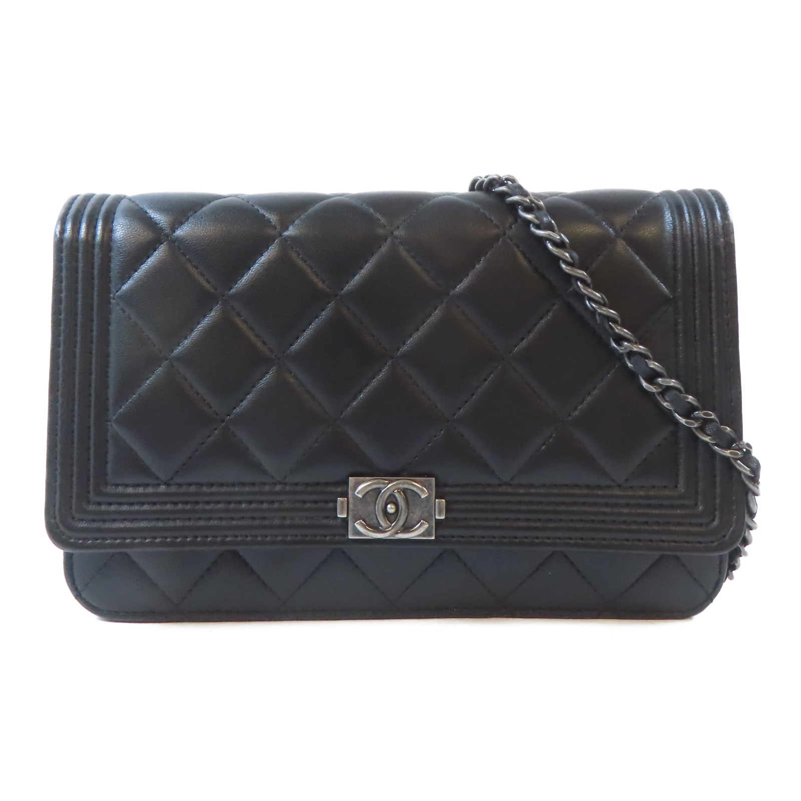 CHANEL 菱格牛皮皮革Chanel Boy Wallet On Chain鏈帶肩背袋黑色