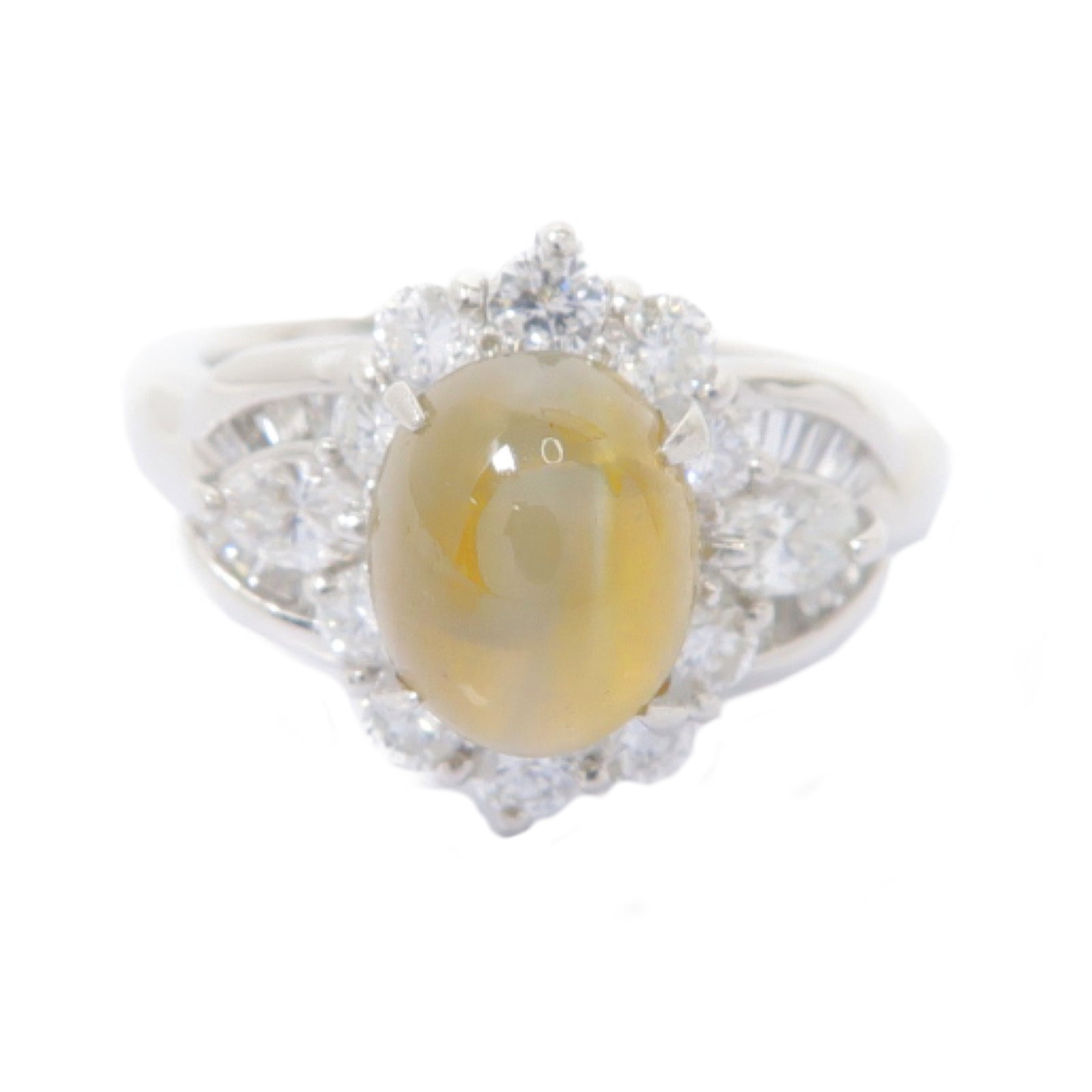 JEWELRY PT900鉑金Cat's Eye Diamond Ring 3.20ct貓眼石/0.96ct鑚石戒指US#5.25