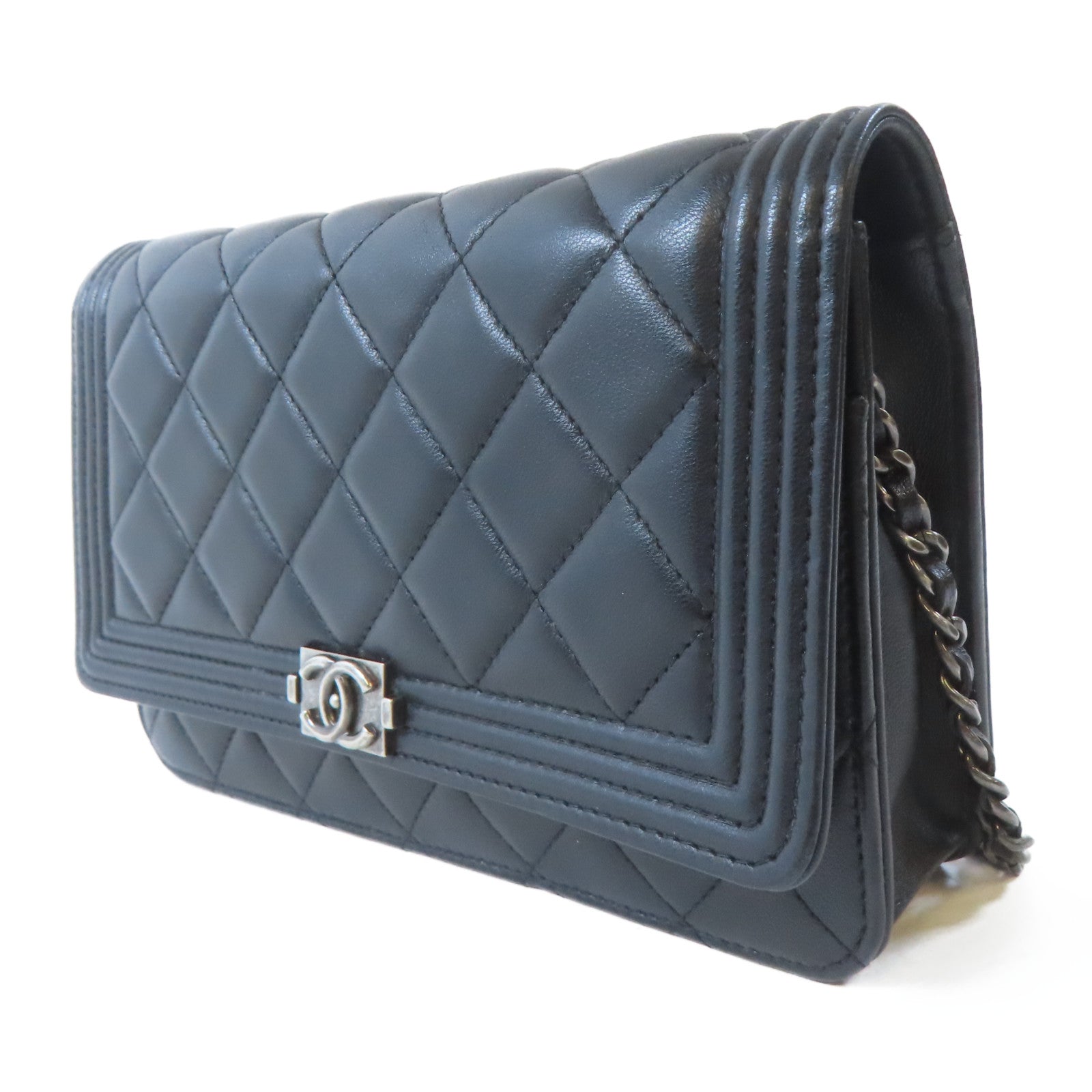 CHANEL 菱格牛皮皮革Chanel Boy Wallet On Chain鏈帶肩背袋黑色