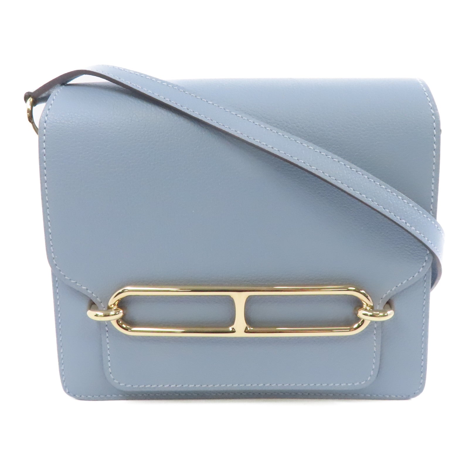 HERMES Evercolor皮革Mini Roulis銀扣肩背袋Bleu Lin/藍色