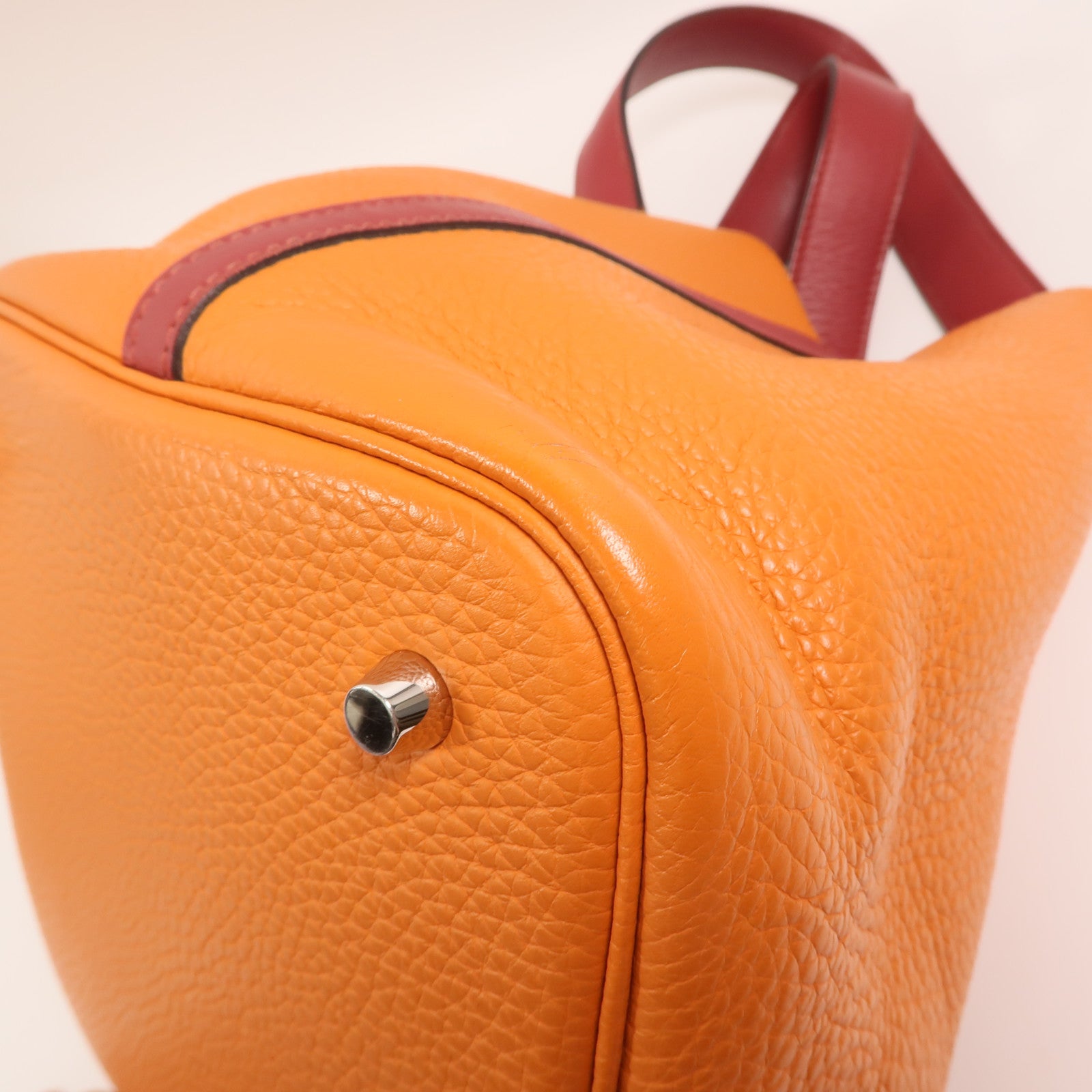 HERMES Clemence皮革Picotin MM銀扣手挽袋Feu/Rouge Grenat