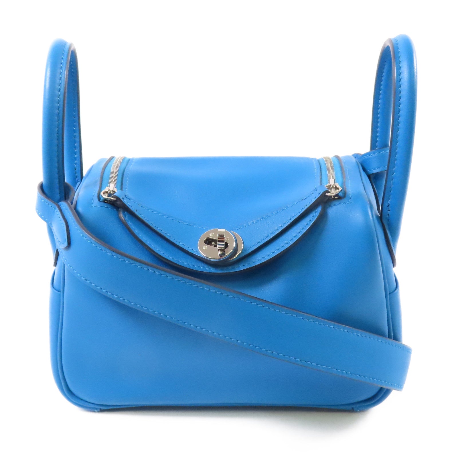 HERMES 【激減優惠】Swift皮革Mini Lindy銀扣手挽肩背兩用袋Bleu frida