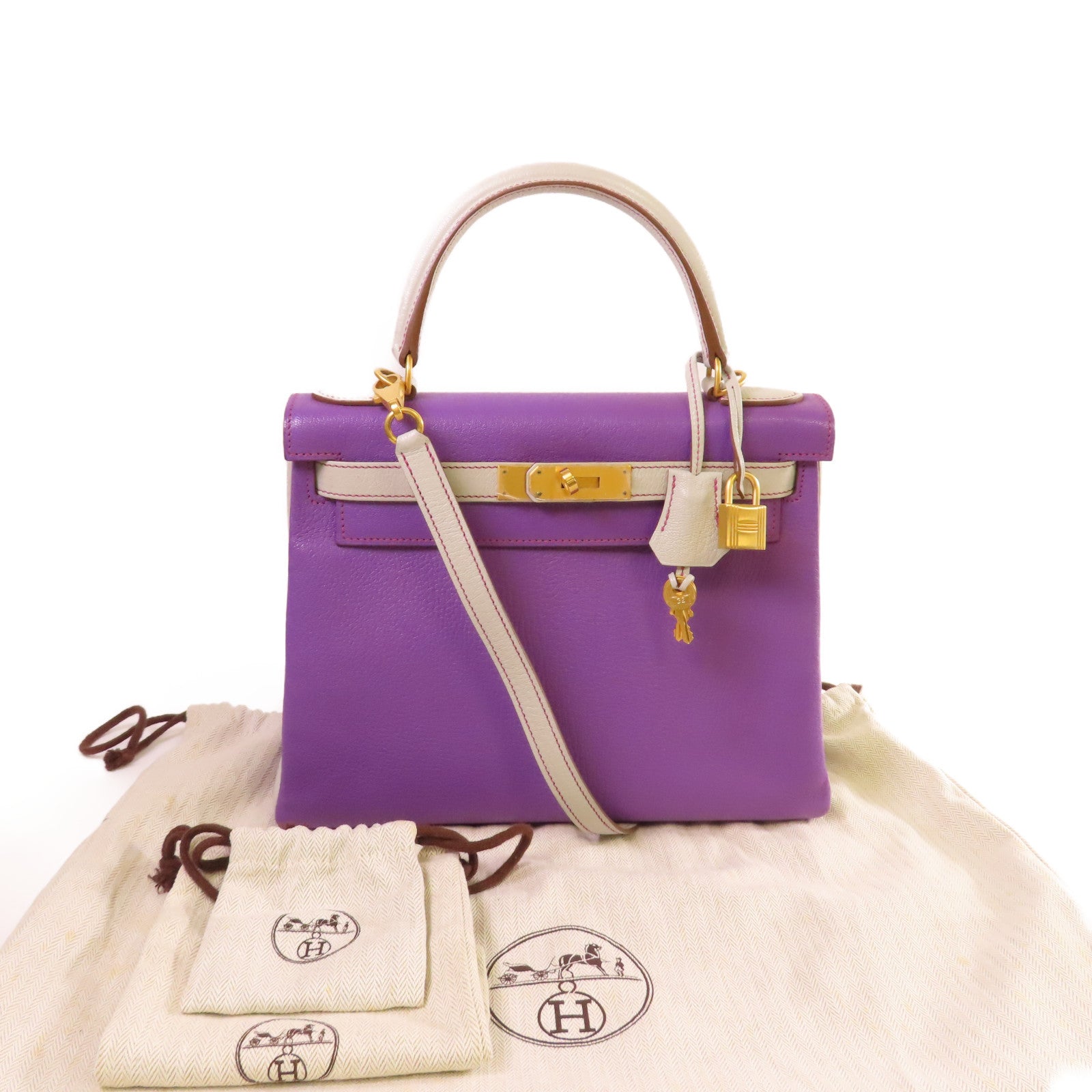 HERMES 【激減優惠】Clemence皮革Kelly 28 2Way Shoulder Bag金扣手挽肩背兩用袋9P Parme帕爾馬紫色/8U Bleu Glacier 冰川藍色