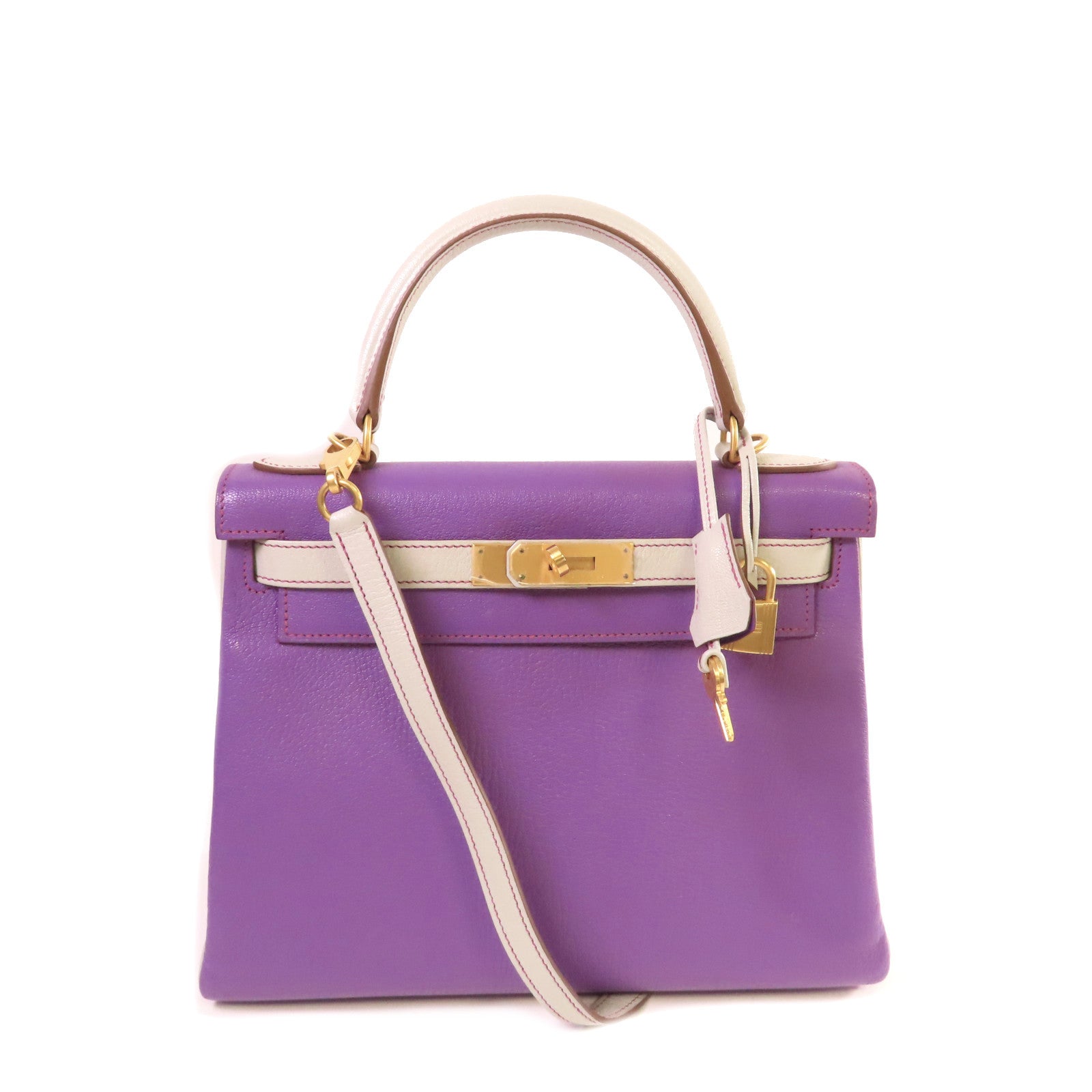 HERMES 【激減優惠】Clemence皮革Kelly 28 2Way Shoulder Bag金扣手挽肩背兩用袋9P Parme帕爾馬紫色/8U Bleu Glacier 冰川藍色