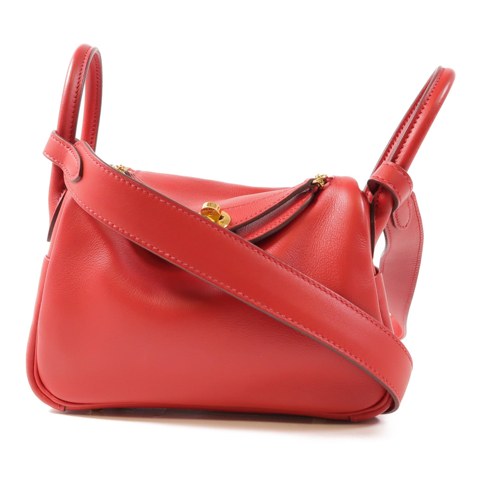 HERMES GHW Mini Lindy 2 Way Shoulder Bag Handbag Swift Leather Rouge Casaque/Red