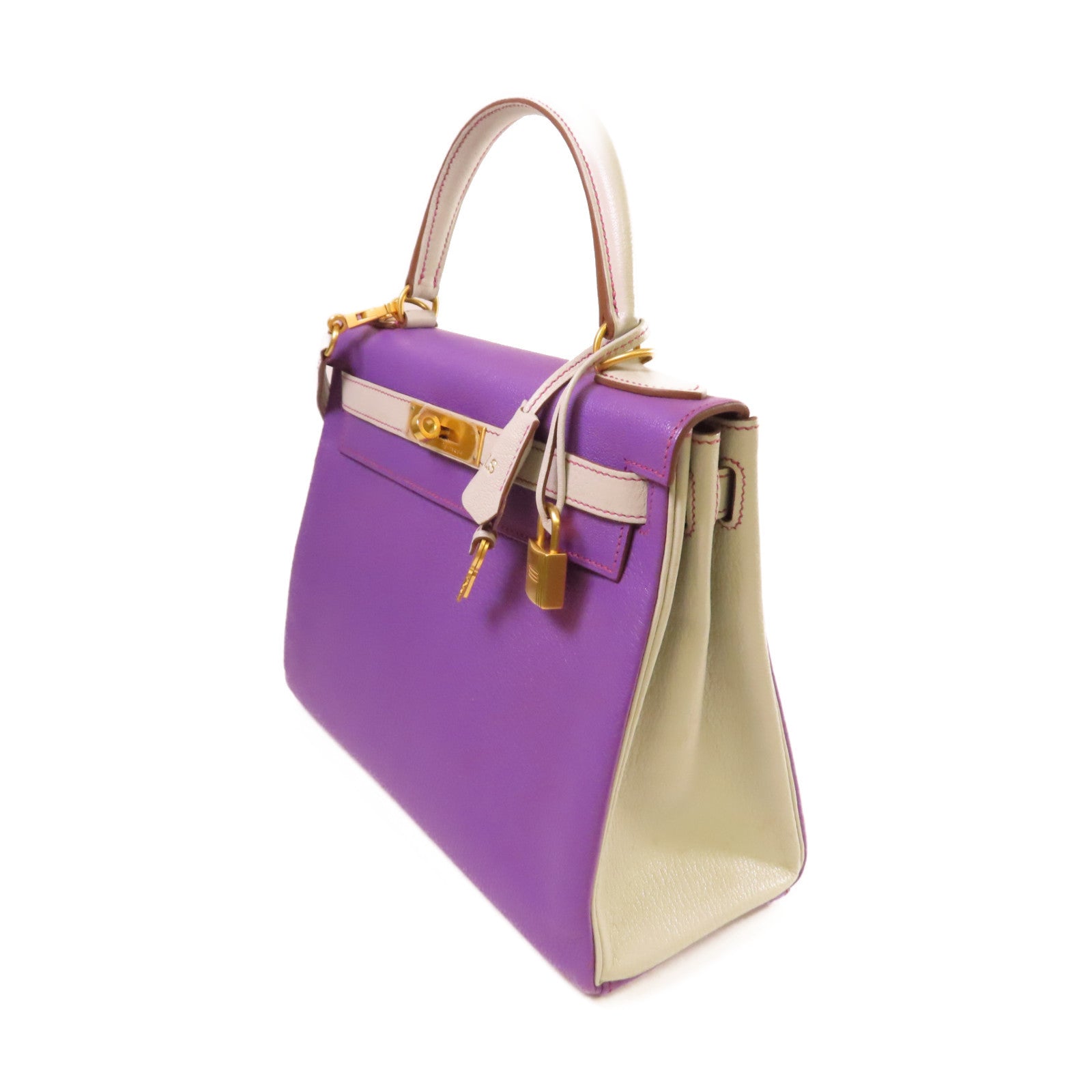 HERMES 【激減優惠】Clemence皮革Kelly 28 2Way Shoulder Bag金扣手挽肩背兩用袋9P Parme帕爾馬紫色/8U Bleu Glacier 冰川藍色