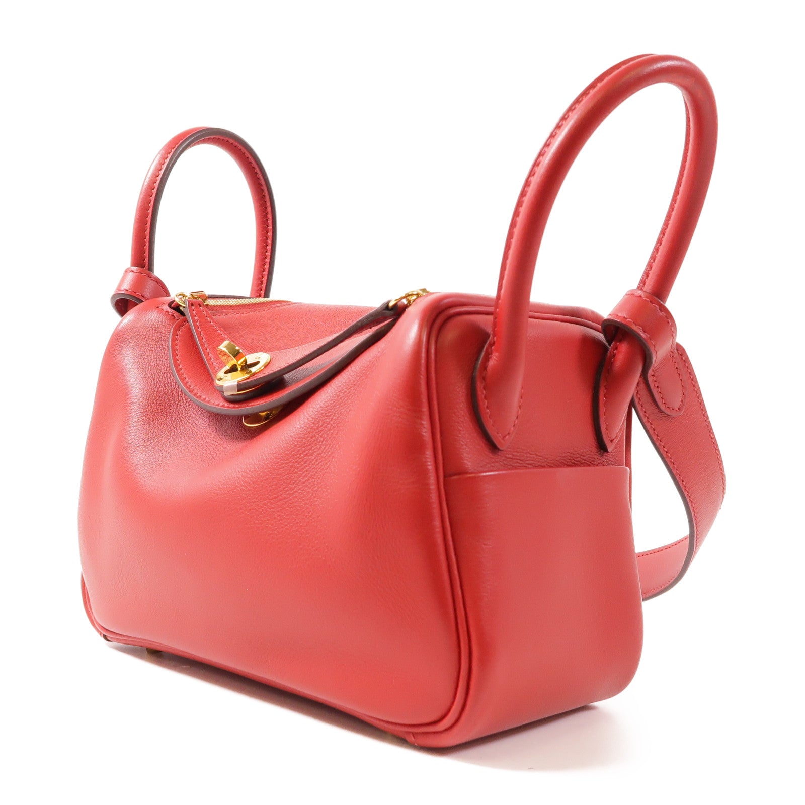 HERMES GHW Mini Lindy 2 Way Shoulder Bag Handbag Swift Leather Rouge Casaque/Red
