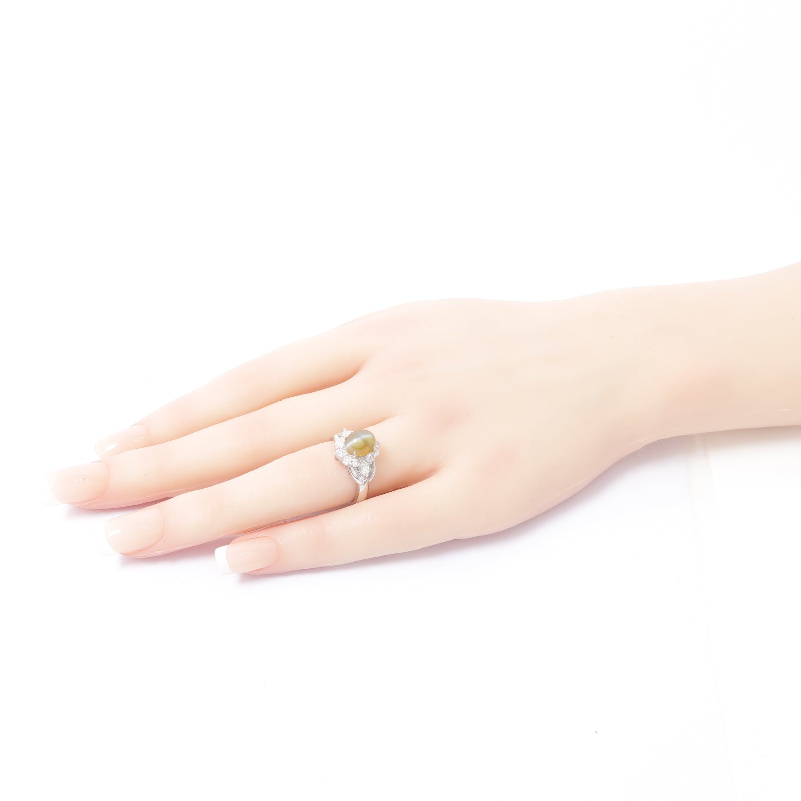 JEWELRY PT900鉑金Cat's Eye Diamond Ring 3.20ct貓眼石/0.96ct鑚石戒指US#5.25