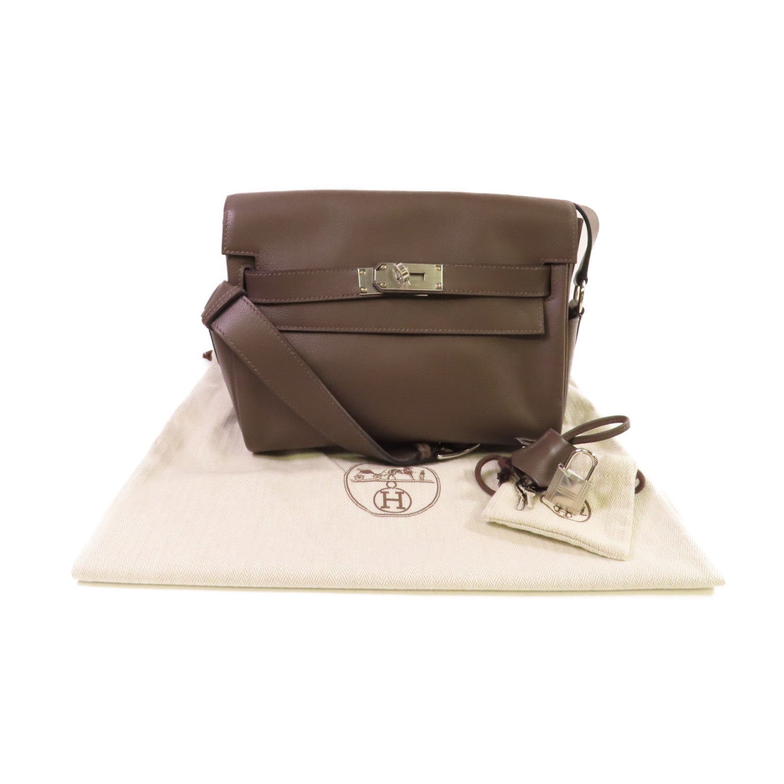 HERMES Evercolor皮革Kelly Messenger Bag PM銀扣肩背袋Ecorce樹皮色