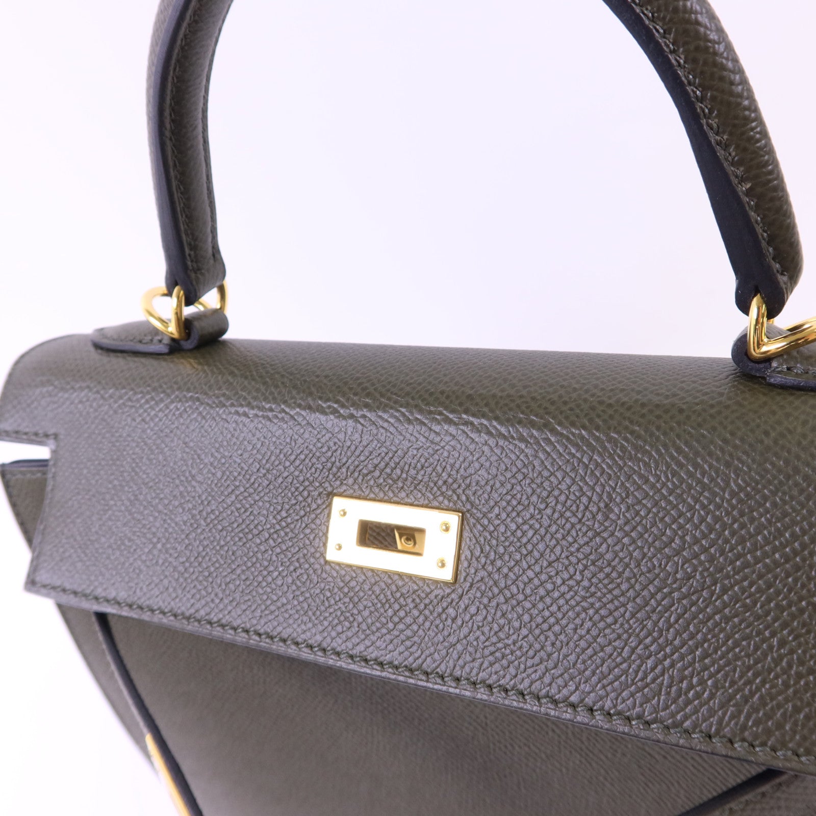 HERMES Epsom皮革Kelly 25金扣手挽肩背兩用袋Vert Gris
