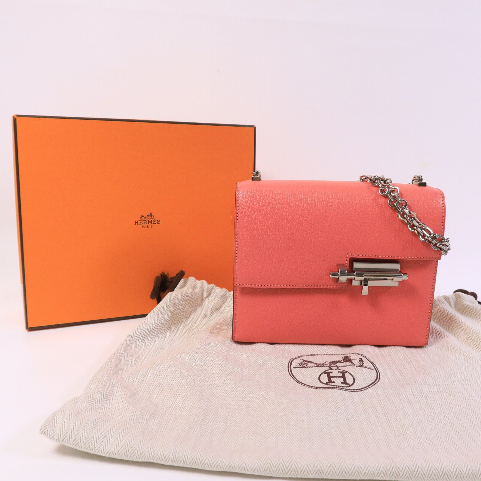 HERMES Chevre皮革Verrou Mini鏈帶肩背袋Rose Lipstick