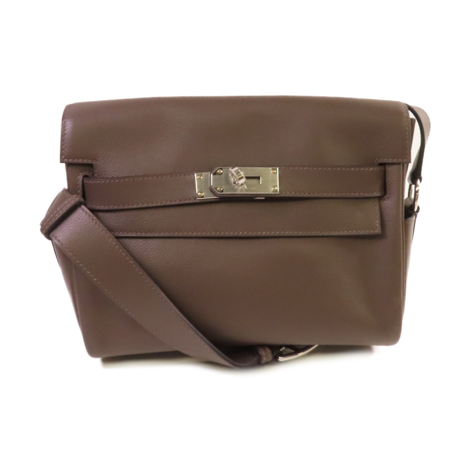 HERMES Evercolor皮革Kelly Messenger Bag PM銀扣肩背袋Ecorce樹皮色