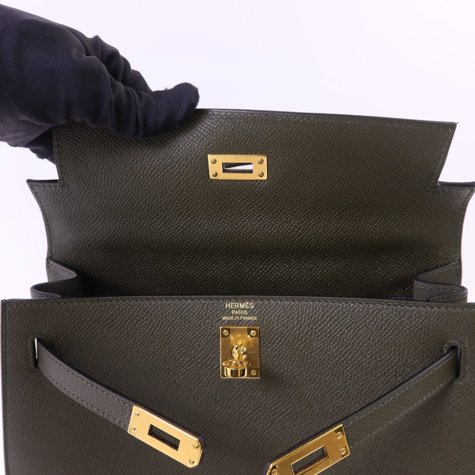 HERMES Epsom皮革Kelly 25金扣手挽肩背兩用袋Vert Gris