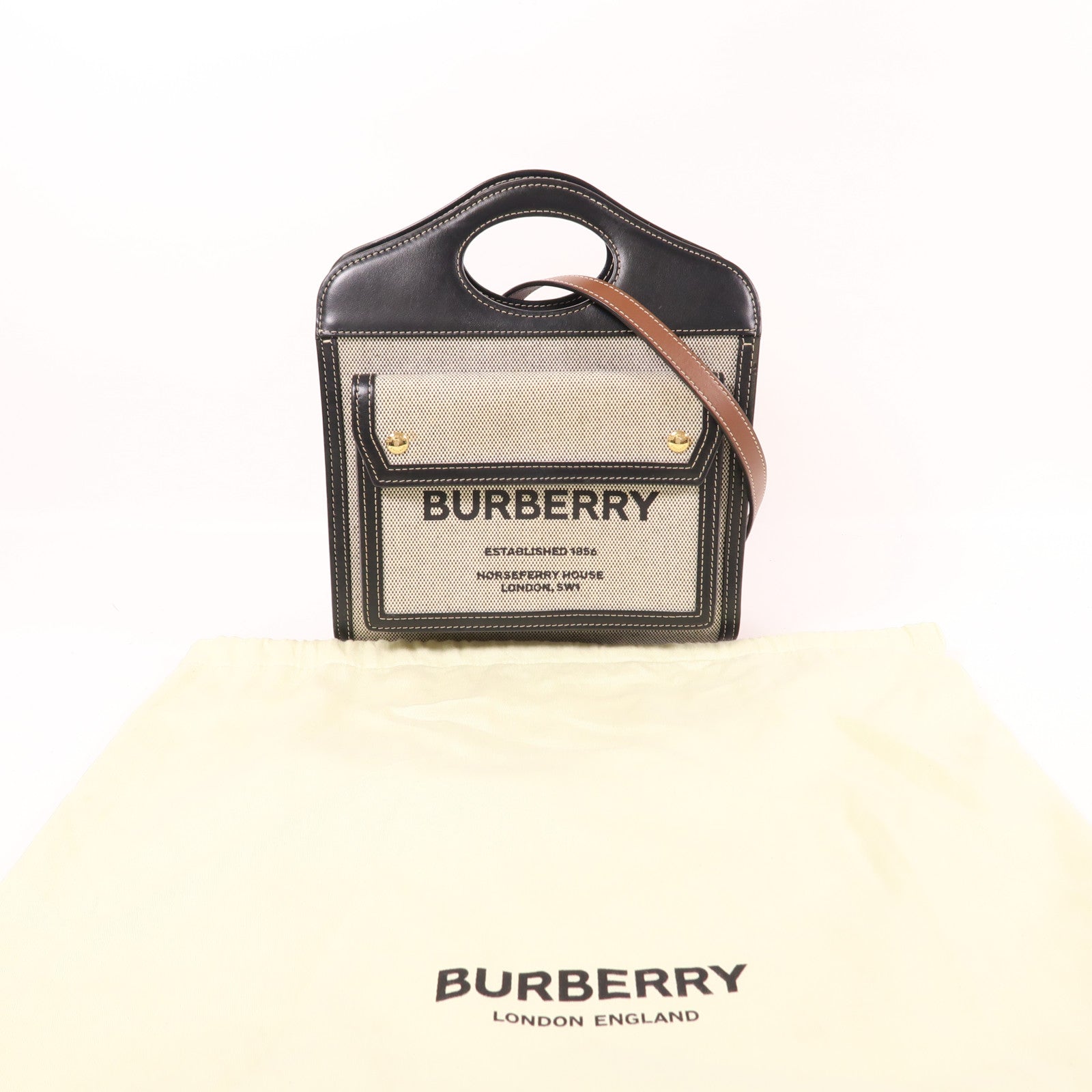 BURBERRY 帆布/皮革Mini Tri-Tone Pocket Bag金扣手挽肩背兩用袋