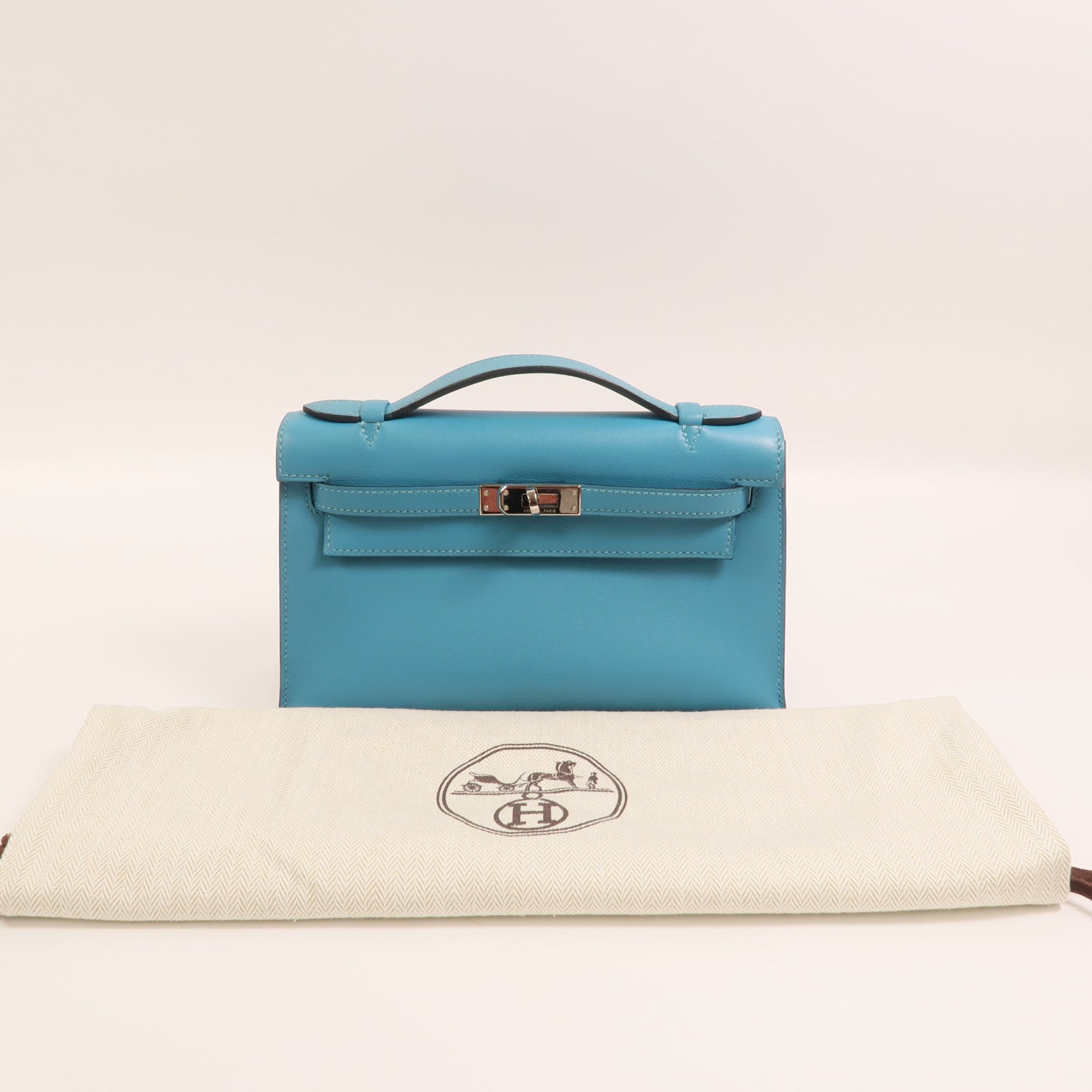 HERMES Swift皮革Mini Kelly I銀扣手挽袋Turquoise
