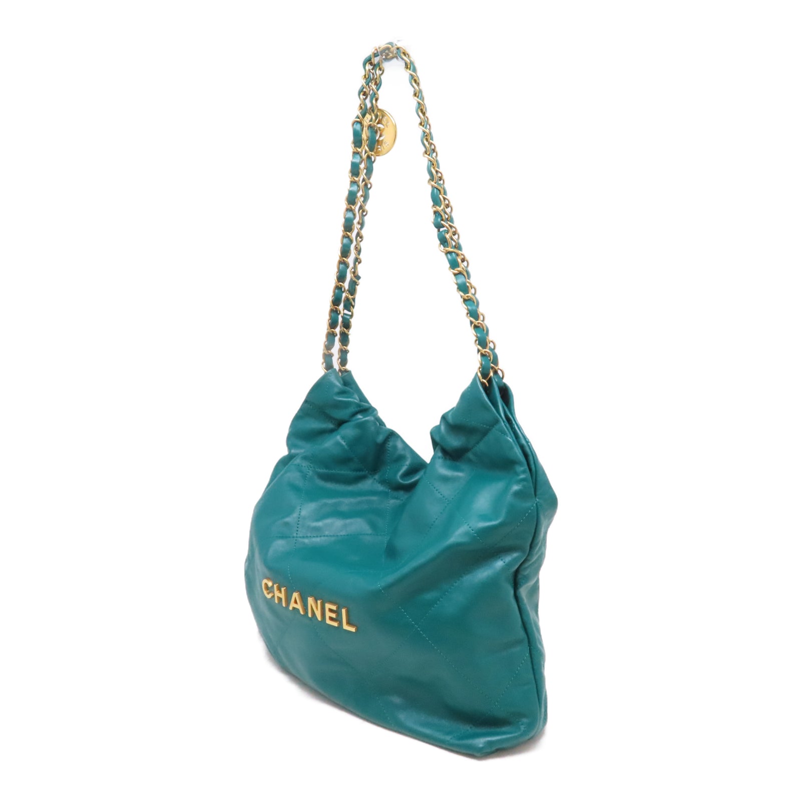 CHANEL 菱格牛皮皮革C22金扣鏈帶肩背袋綠色