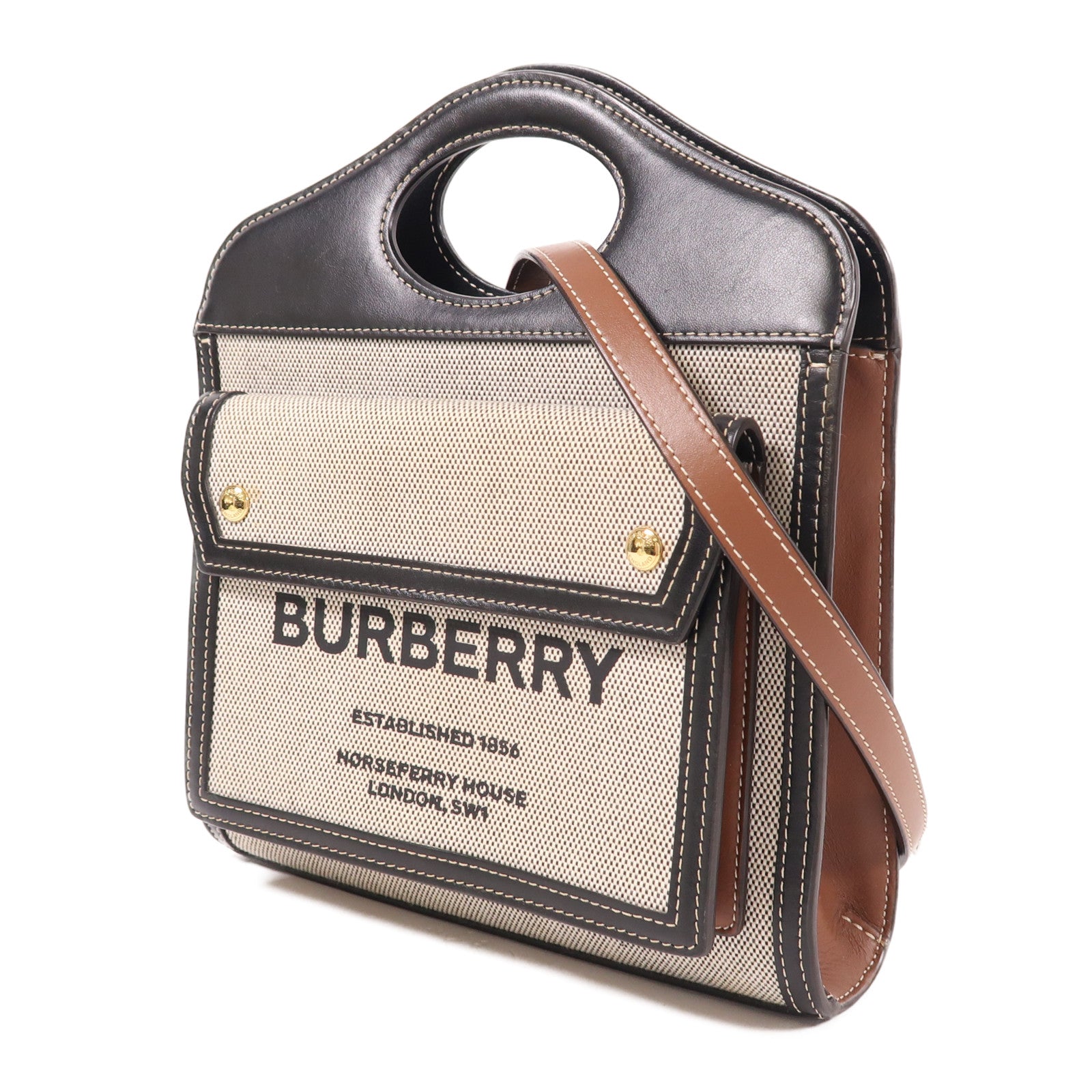 BURBERRY 帆布/皮革Mini Tri-Tone Pocket Bag金扣手挽肩背兩用袋