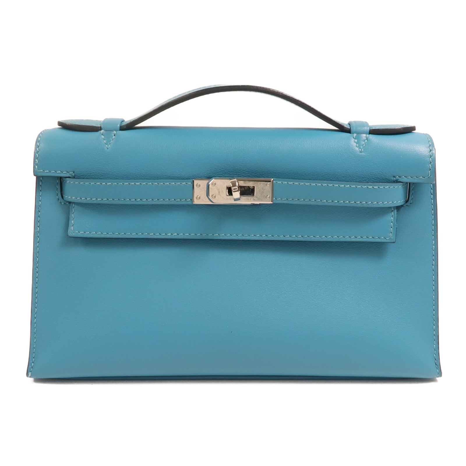 HERMES Swift皮革Mini Kelly I銀扣手挽袋Turquoise