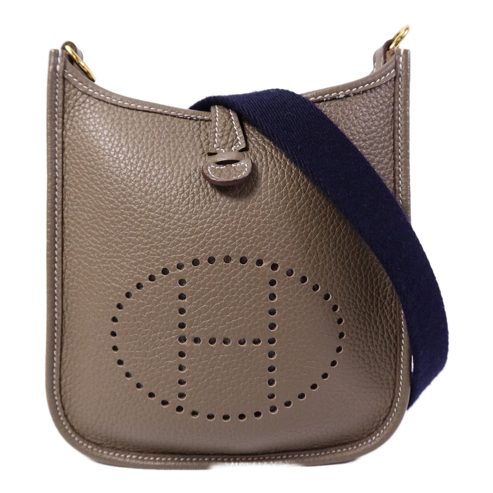 HERMES Clemence皮革Evelyne TPM肩背袋Etoupe/Blue Indigo