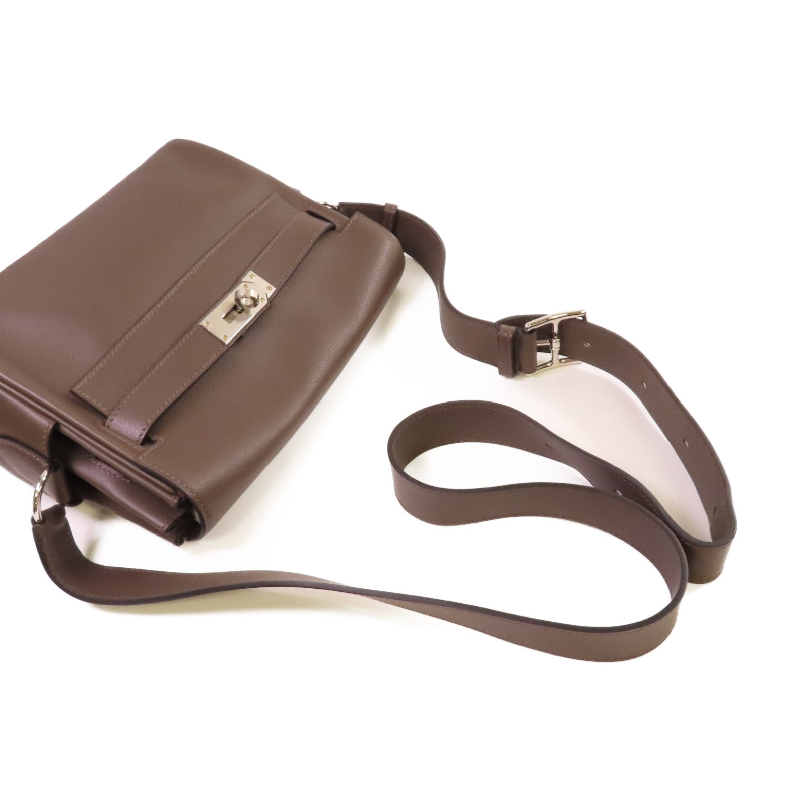 HERMES Evercolor皮革Kelly Messenger Bag PM銀扣肩背袋Ecorce樹皮色