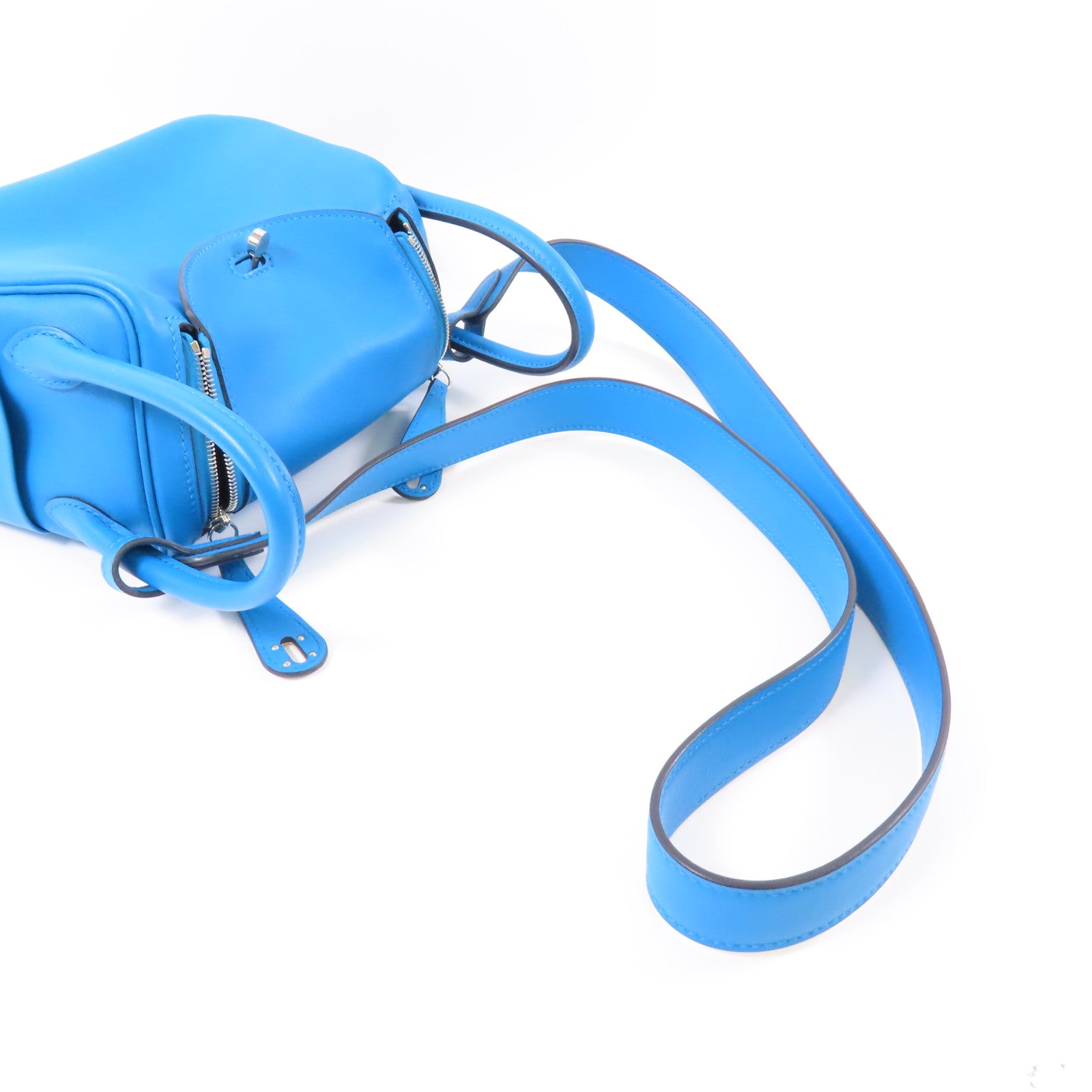 HERMES Swift皮革Mini Lindy銀扣手挽肩背兩用袋Bleu frida