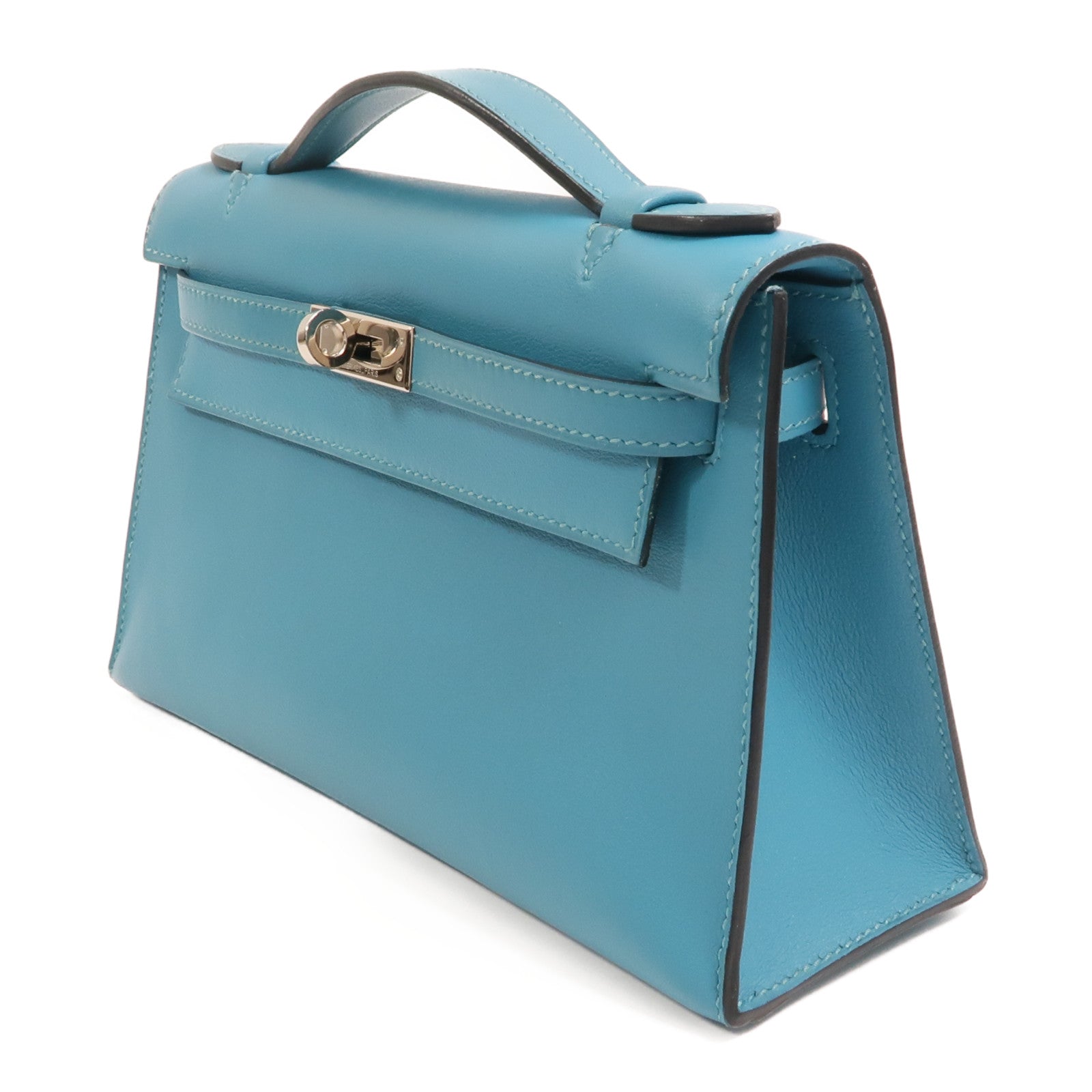 HERMES Swift皮革Mini Kelly I銀扣手挽袋Turquoise