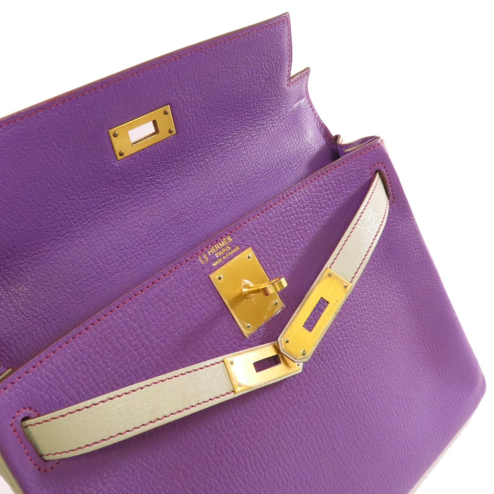 HERMES 【激減優惠】Clemence皮革Kelly 28 2Way Shoulder Bag金扣手挽肩背兩用袋9P Parme帕爾馬紫色/8U Bleu Glacier 冰川藍色