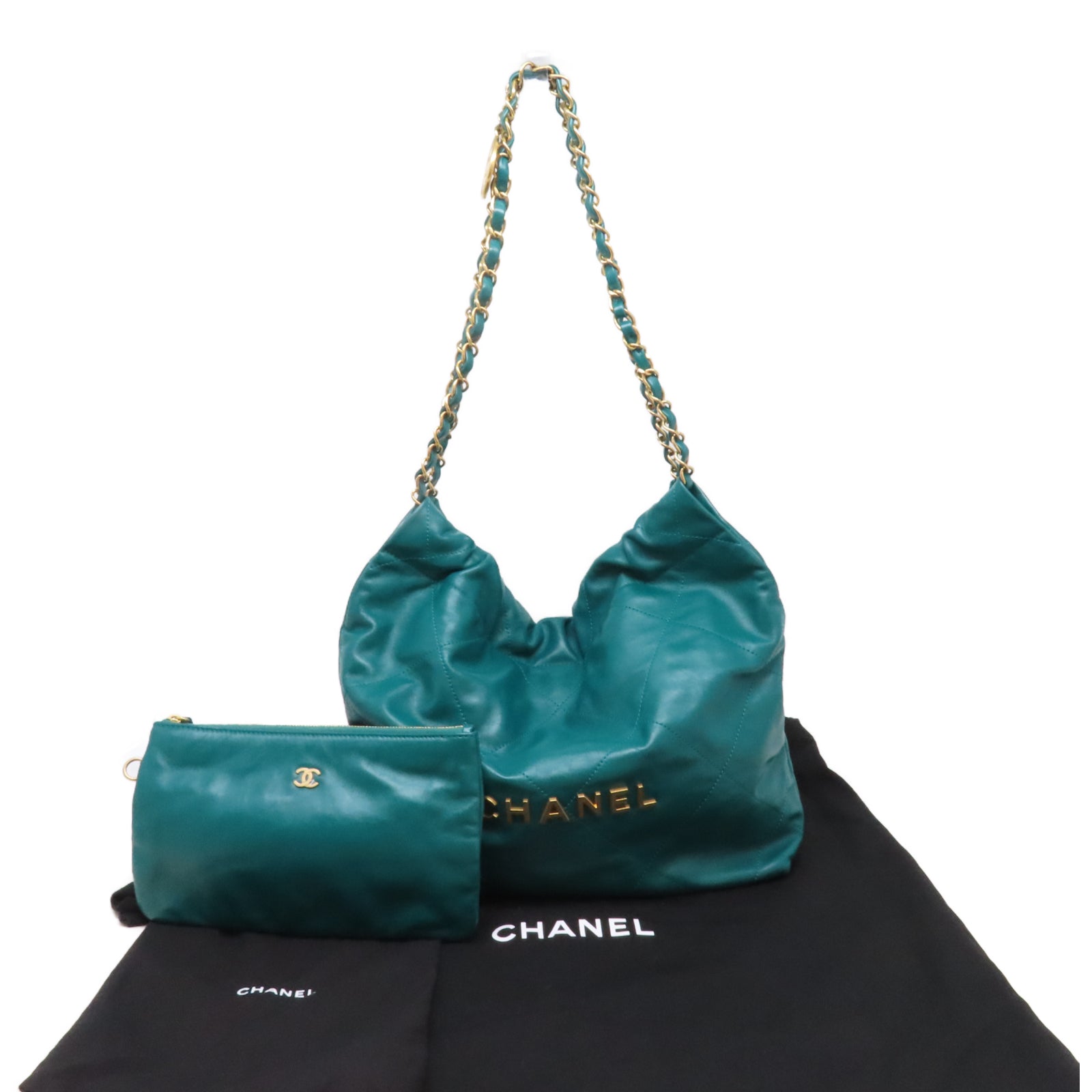 CHANEL 菱格牛皮皮革C22金扣鏈帶肩背袋綠色