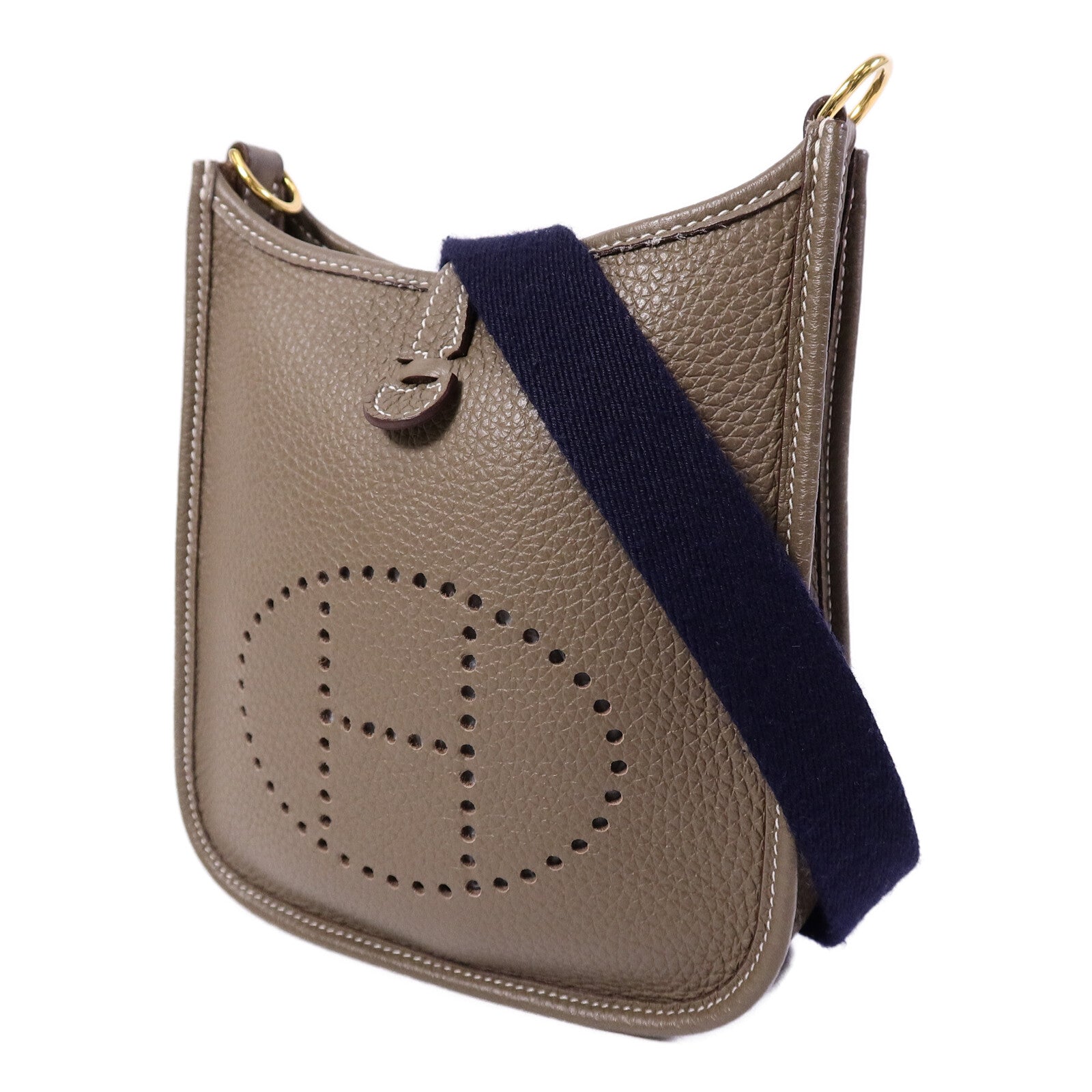 HERMES Clemence皮革Evelyne TPM肩背袋Etoupe/Blue Indigo