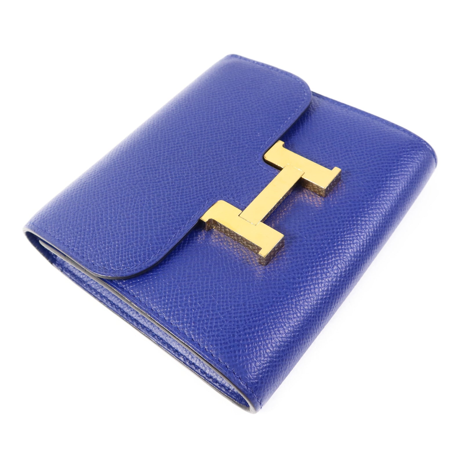 HERMES Epsom皮革Constance Short Wallet金扣錢包Bleu Electrique