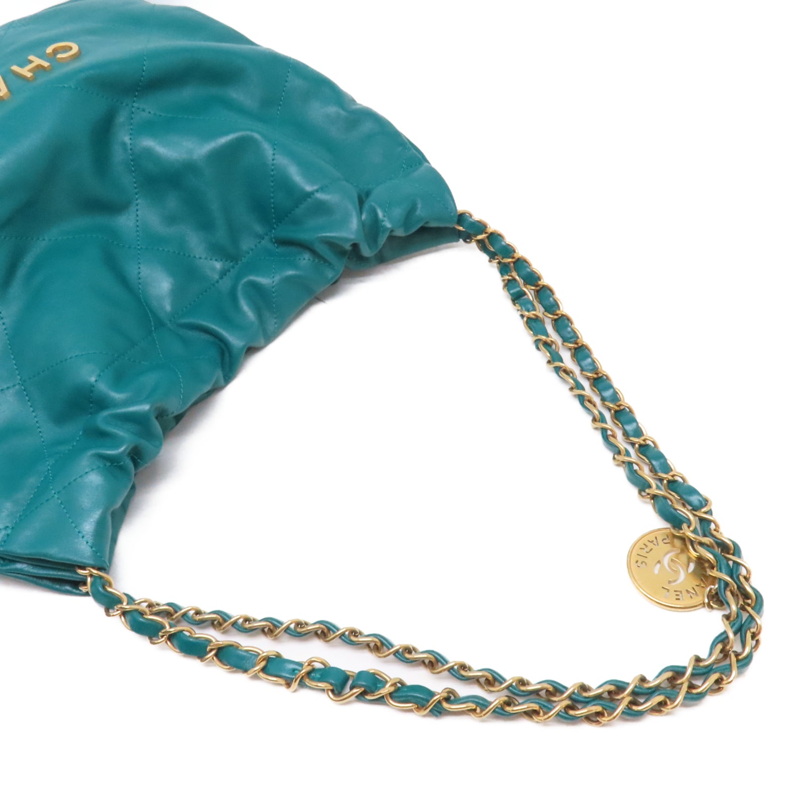 CHANEL 菱格牛皮皮革C22金扣鏈帶肩背袋綠色