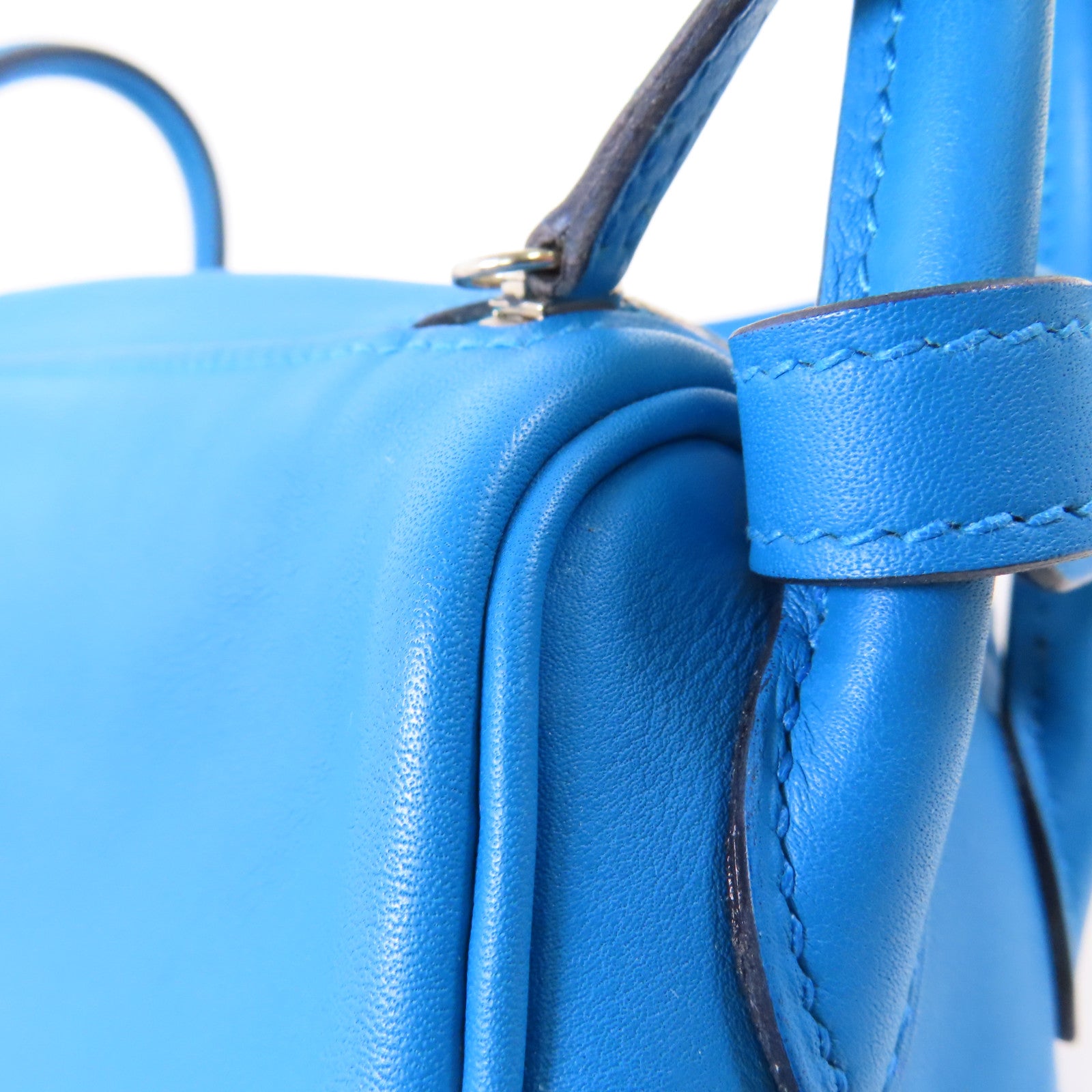 HERMES Swift皮革Mini Lindy銀扣手挽肩背兩用袋Bleu frida