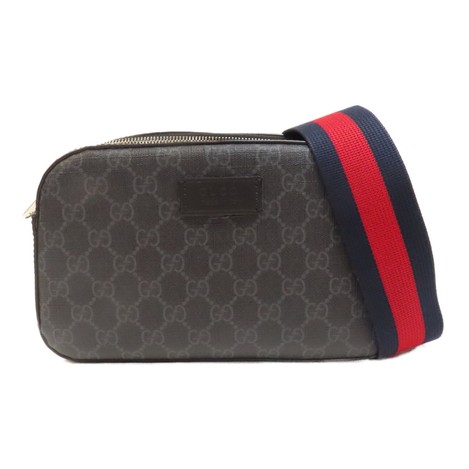 GUCCI 塗層帆布GG Supreme Shoulder Bag銀扣肩背袋黑色