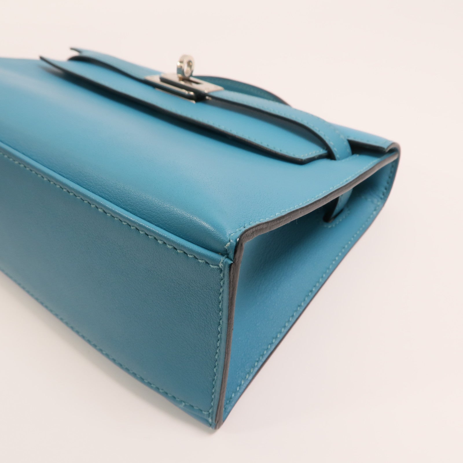 HERMES Swift皮革Mini Kelly I銀扣手挽袋Turquoise