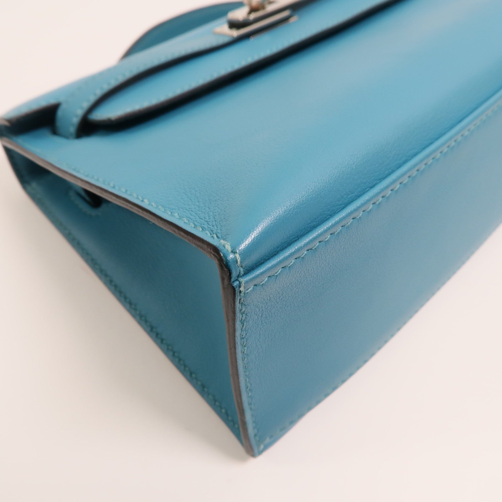 HERMES Swift皮革Mini Kelly I銀扣手挽袋Turquoise
