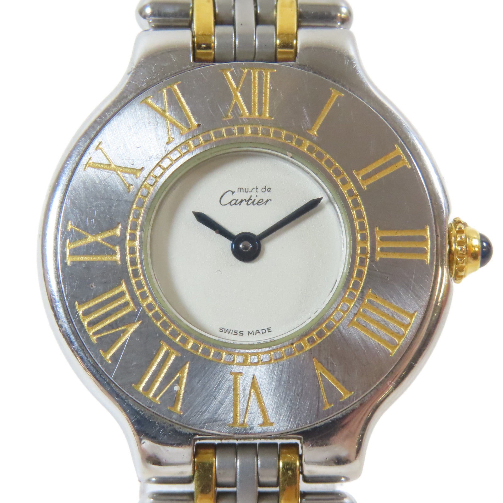 CARTIER Must de Cartier 21 18K黃金/不鏽鋼手錶石英機芯白色