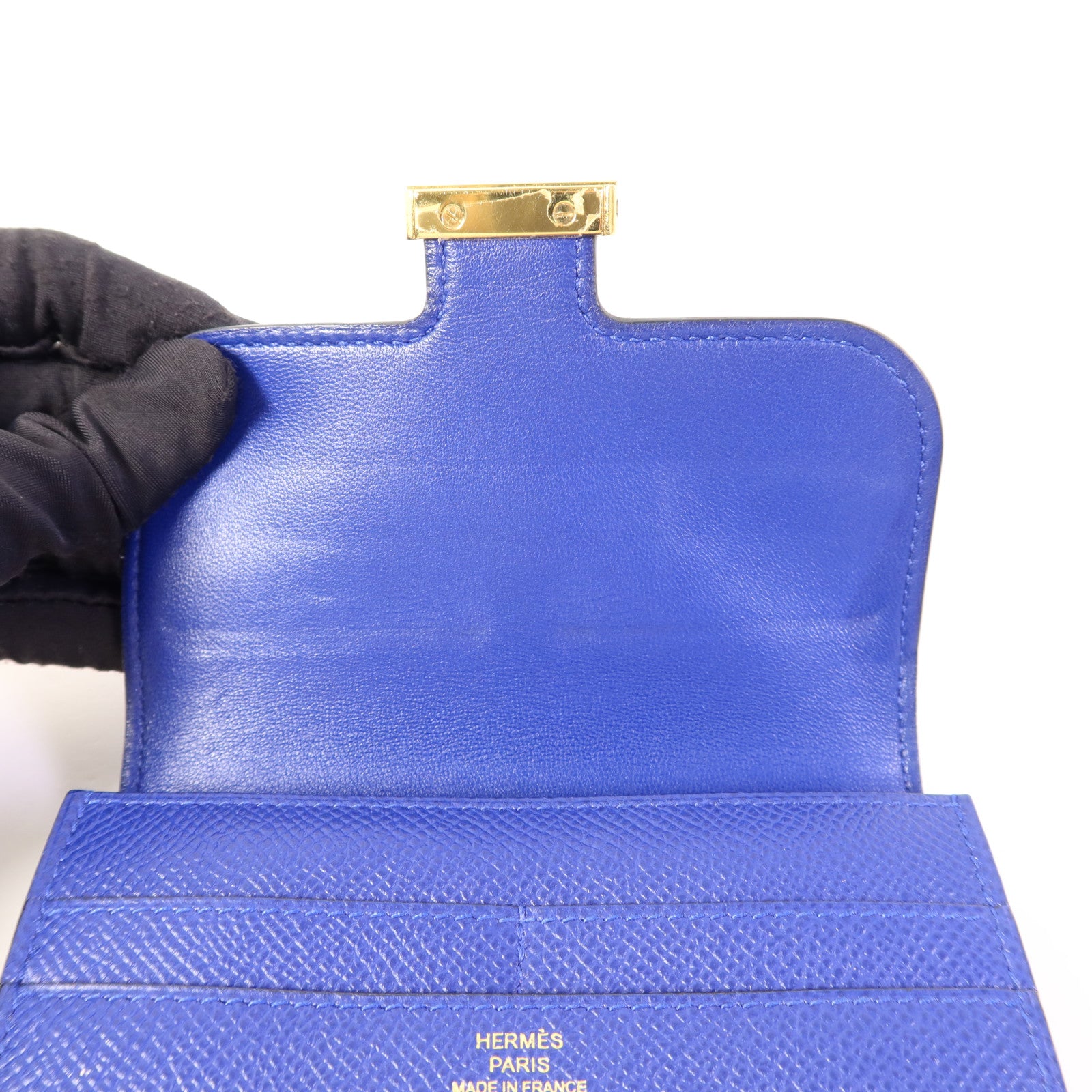 HERMES Epsom皮革Constance Short Wallet金扣錢包Bleu Electrique