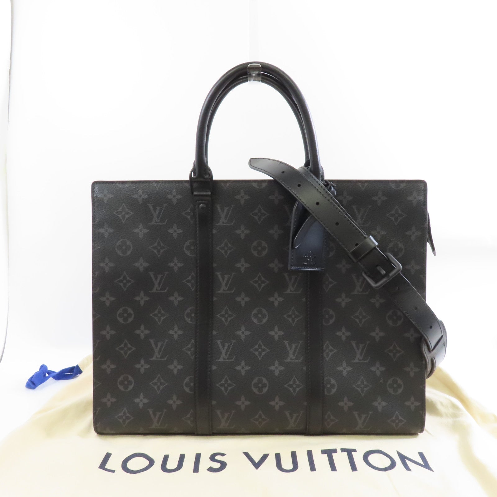 LOUIS VUITTON Monogram Eclipse Sac Plat銀扣手挽肩背兩用袋黑色