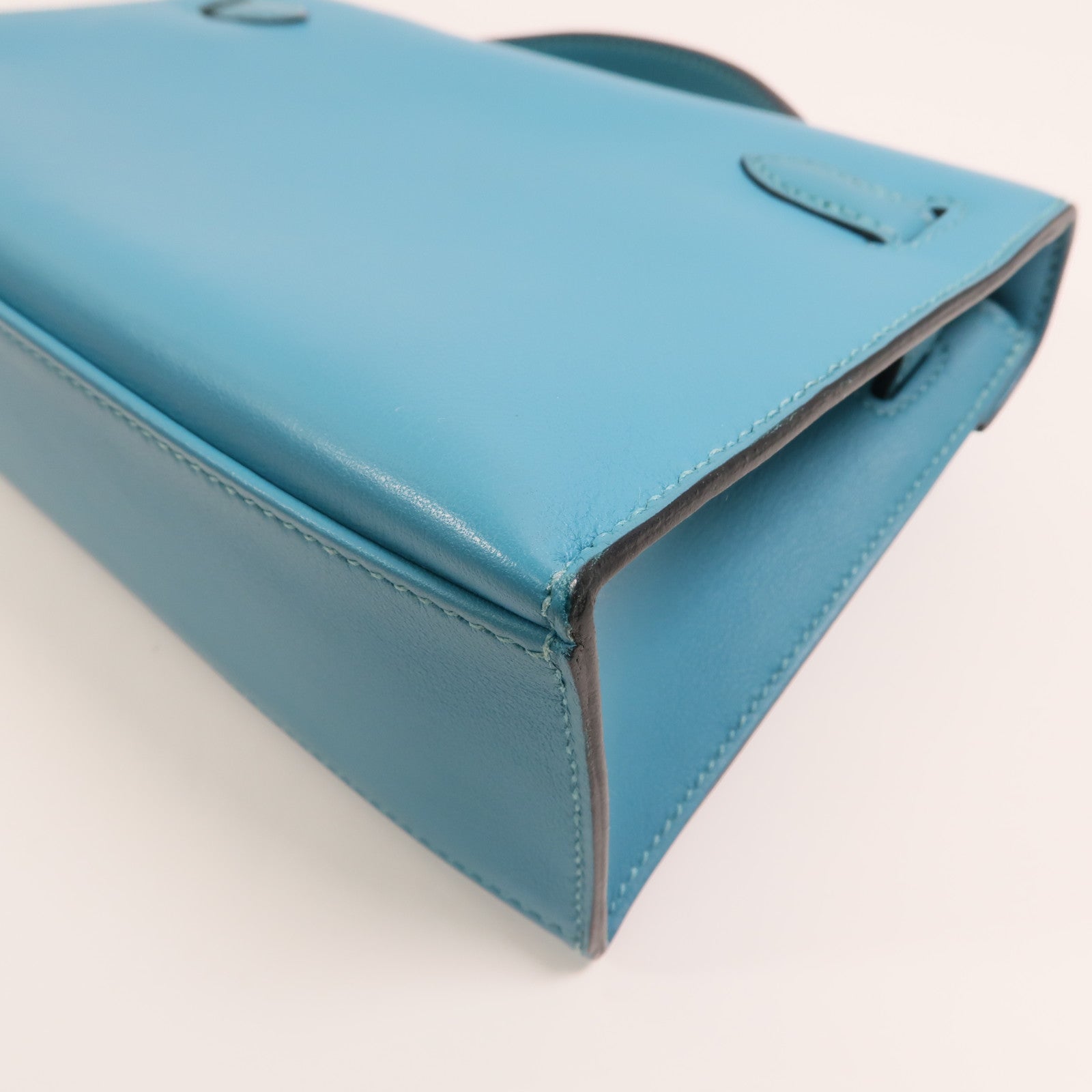 HERMES Swift皮革Mini Kelly I銀扣手挽袋Turquoise