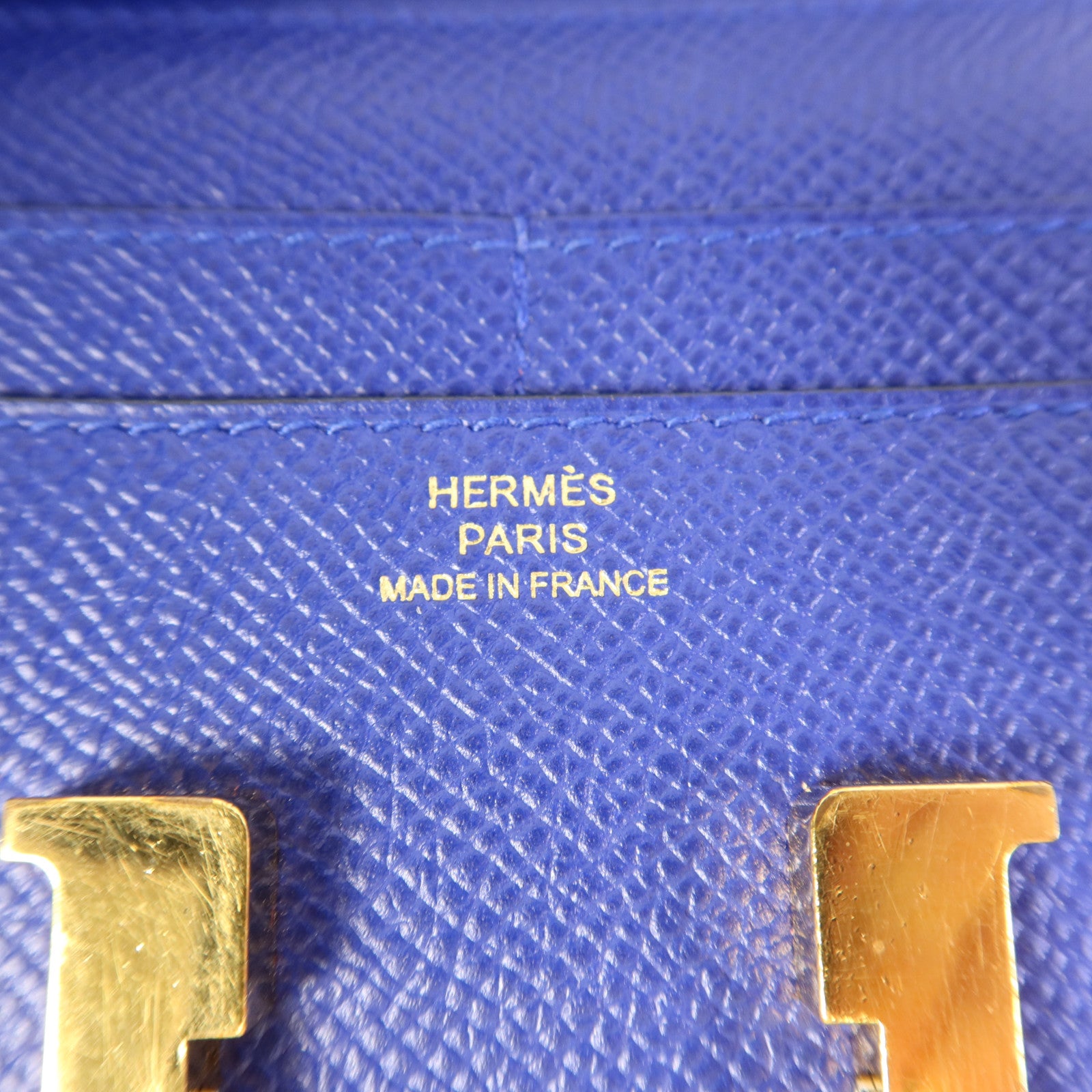 HERMES Epsom皮革Constance Short Wallet金扣錢包Bleu Electrique