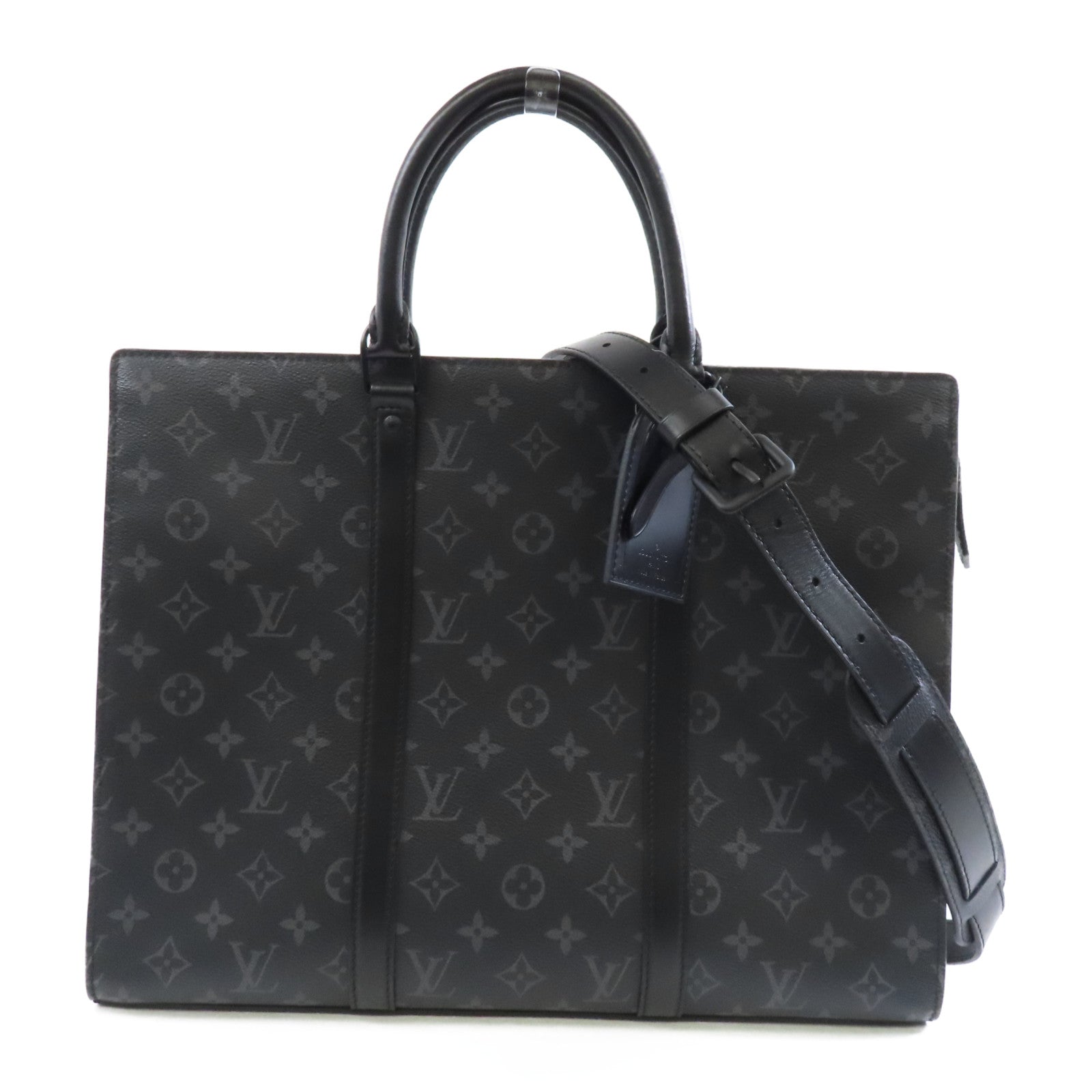 LOUIS VUITTON Monogram Eclipse Sac Plat銀扣手挽肩背兩用袋黑色