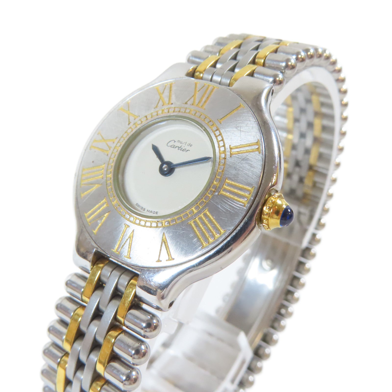 CARTIER Must de Cartier 21 18K黃金/不鏽鋼手錶石英機芯白色