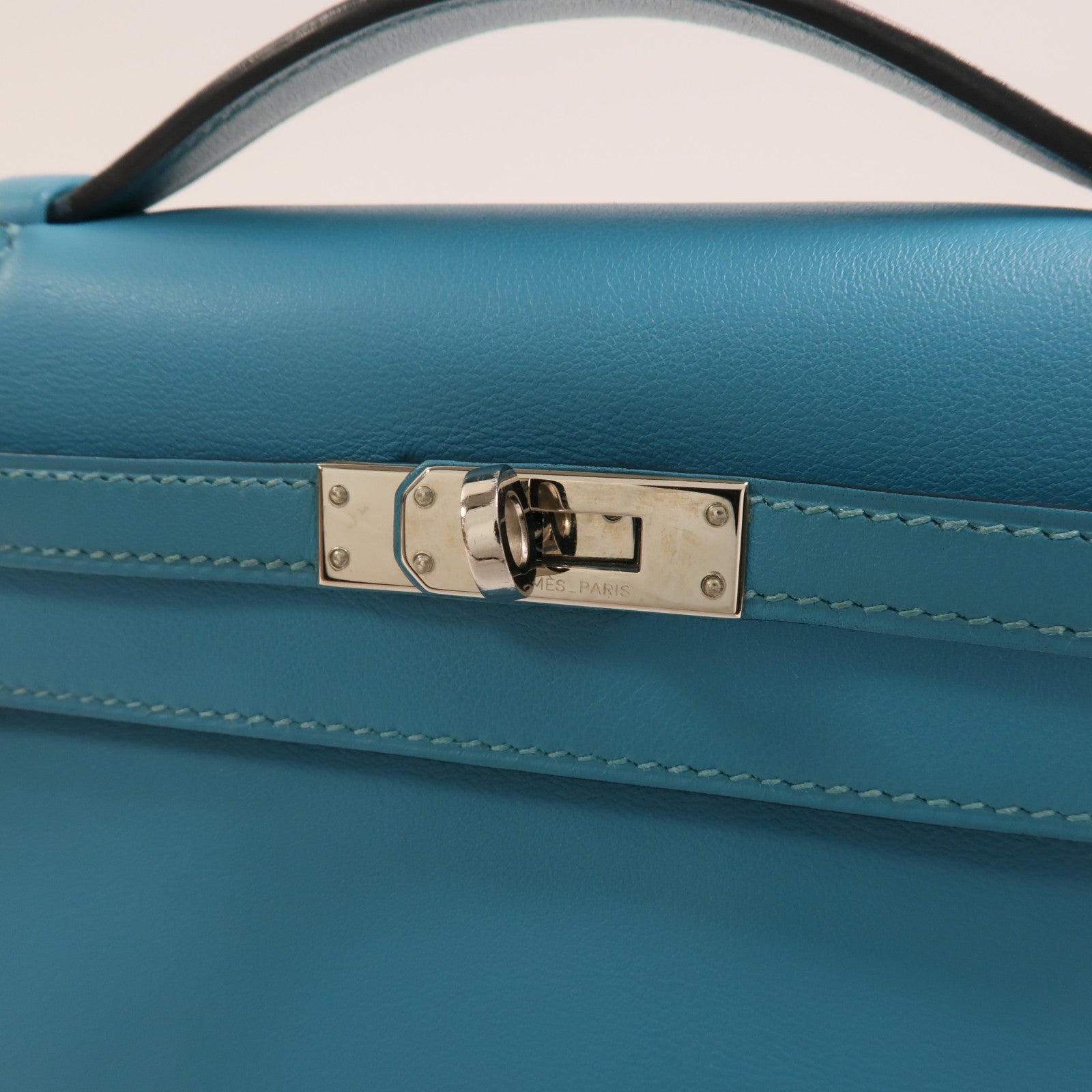 HERMES Swift皮革Mini Kelly I銀扣手挽袋Turquoise