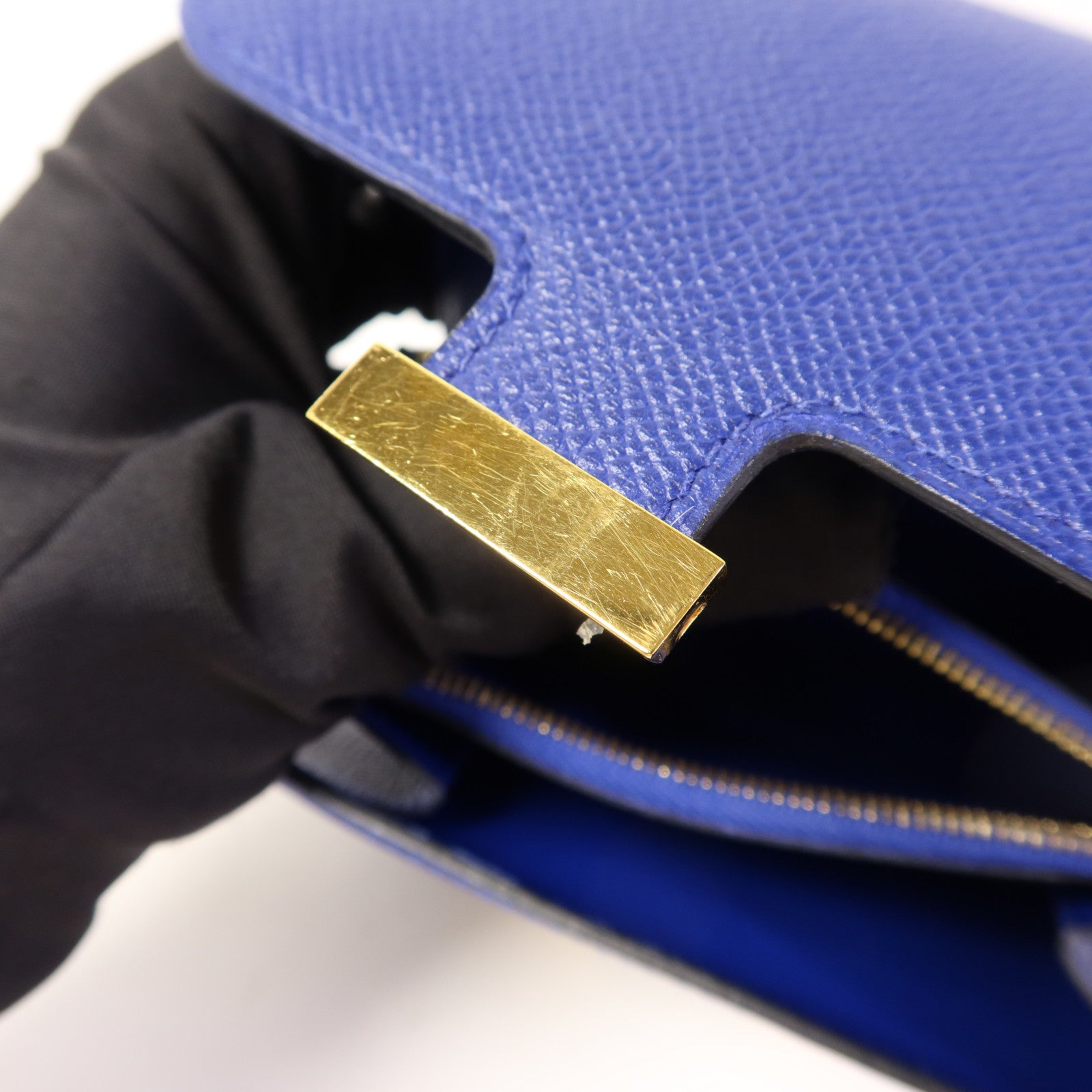 HERMES Epsom皮革Constance Short Wallet金扣錢包Bleu Electrique