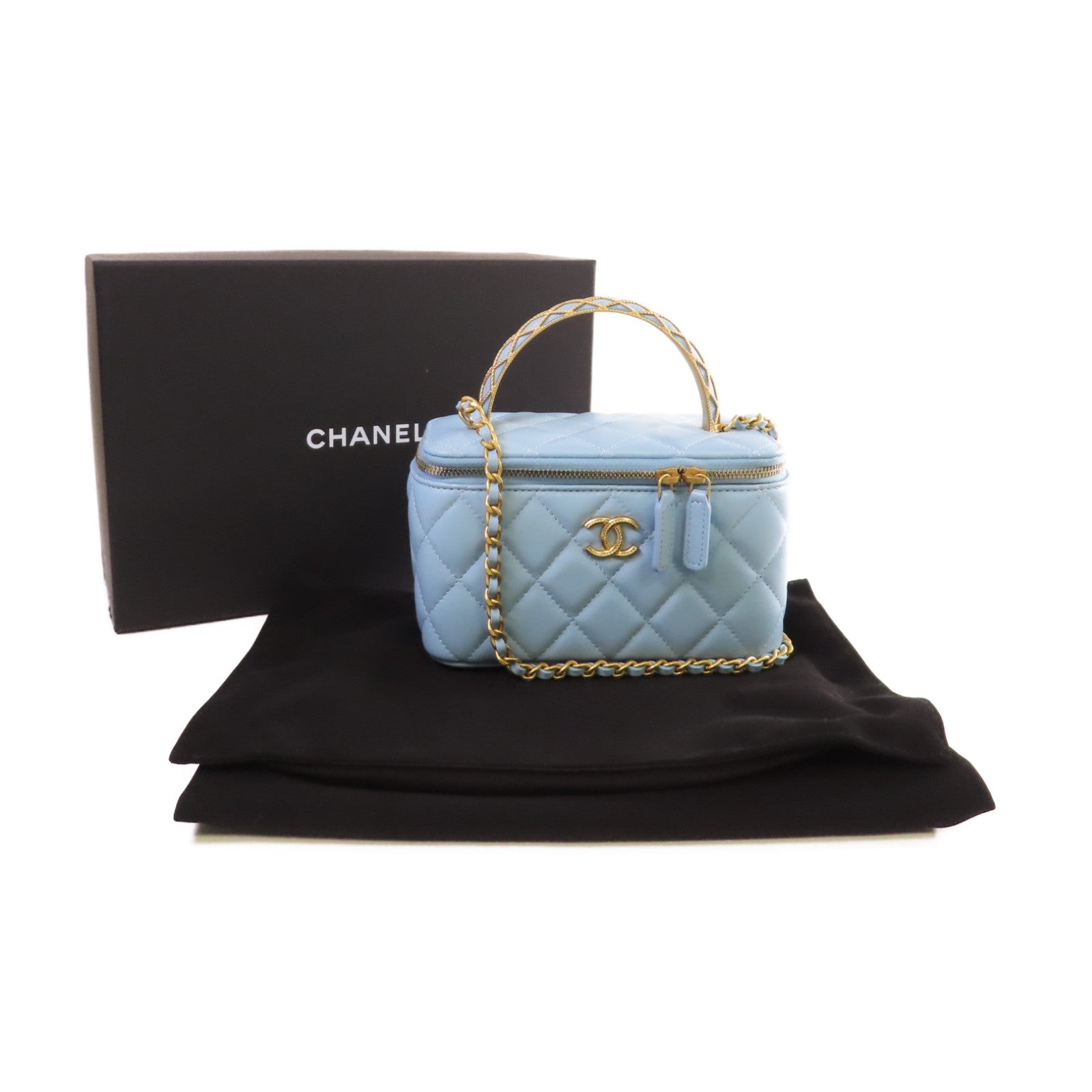 CHANEL 菱格羊皮皮革Vanity Case Chain Shoulder Bag金扣鏈帶肩背袋淺藍色