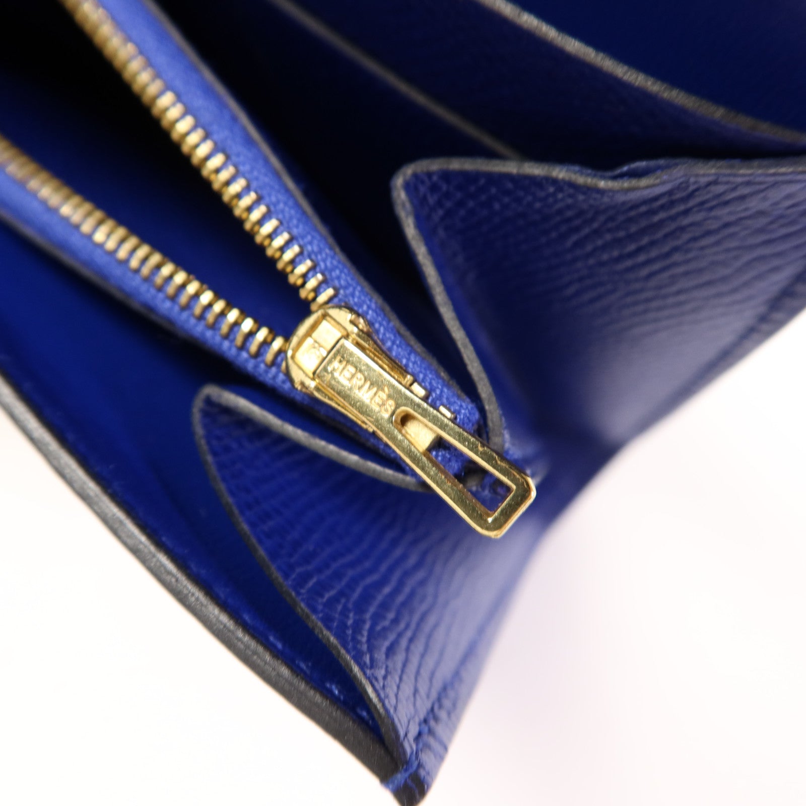 HERMES Epsom皮革Constance Short Wallet金扣錢包Bleu Electrique