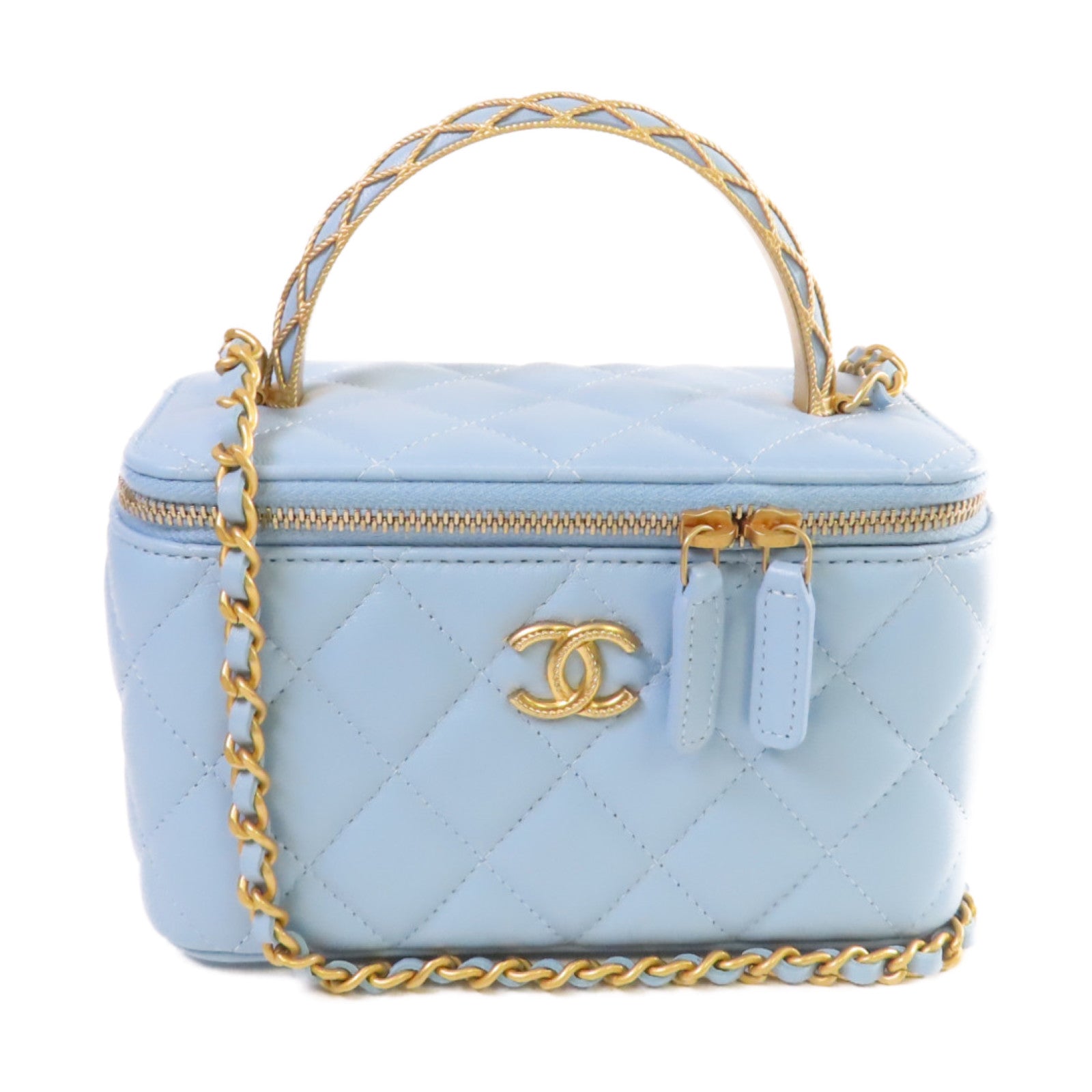 CHANEL 菱格羊皮皮革Vanity Case Chain Shoulder Bag金扣鏈帶肩背袋淺藍色