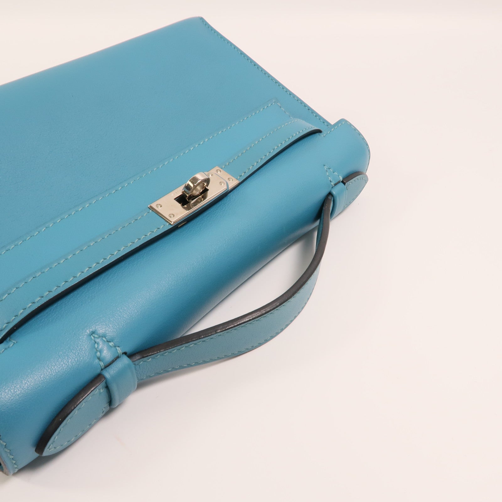 HERMES Swift皮革Mini Kelly I銀扣手挽袋Turquoise